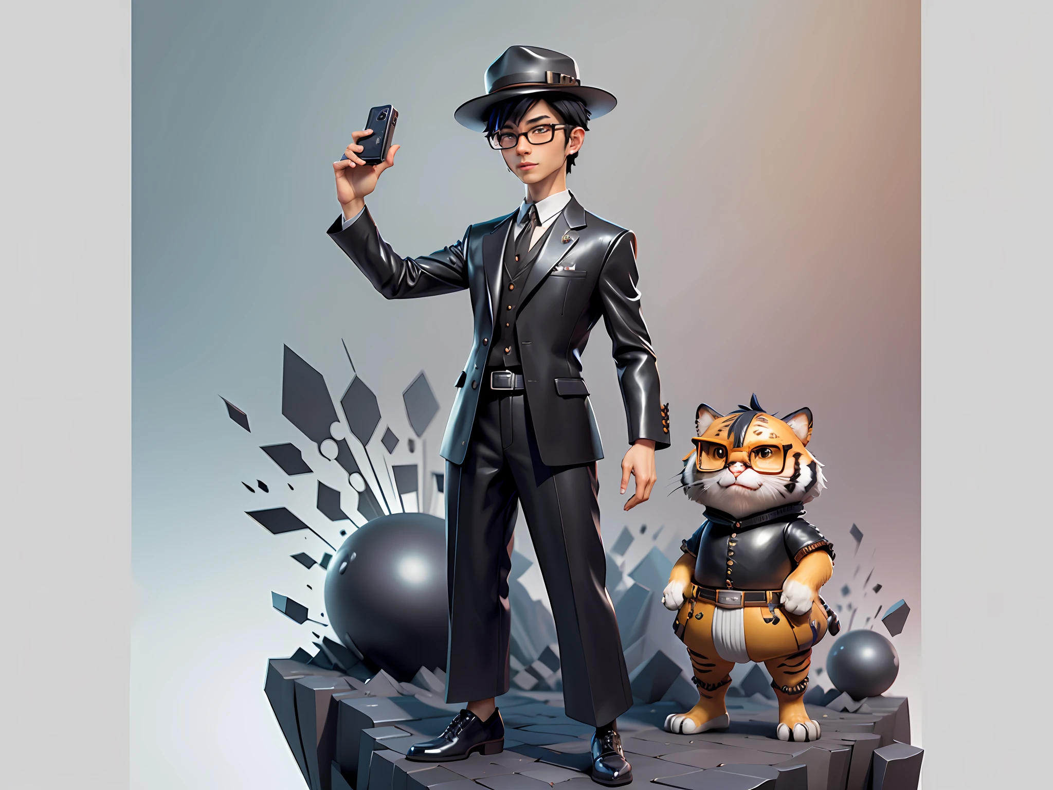 Young man with oriental face in leather hat, tiger, oriental face in formal suit, short black hair, silver glasses, digital painting, 3D character design by Mark Clairedon and Pixar and Hayao Miyazaki and Akira Toriyama, the illustration is a high-definition illustration in 4K resolution with very detailed facial features and cartoon-style visuals.
