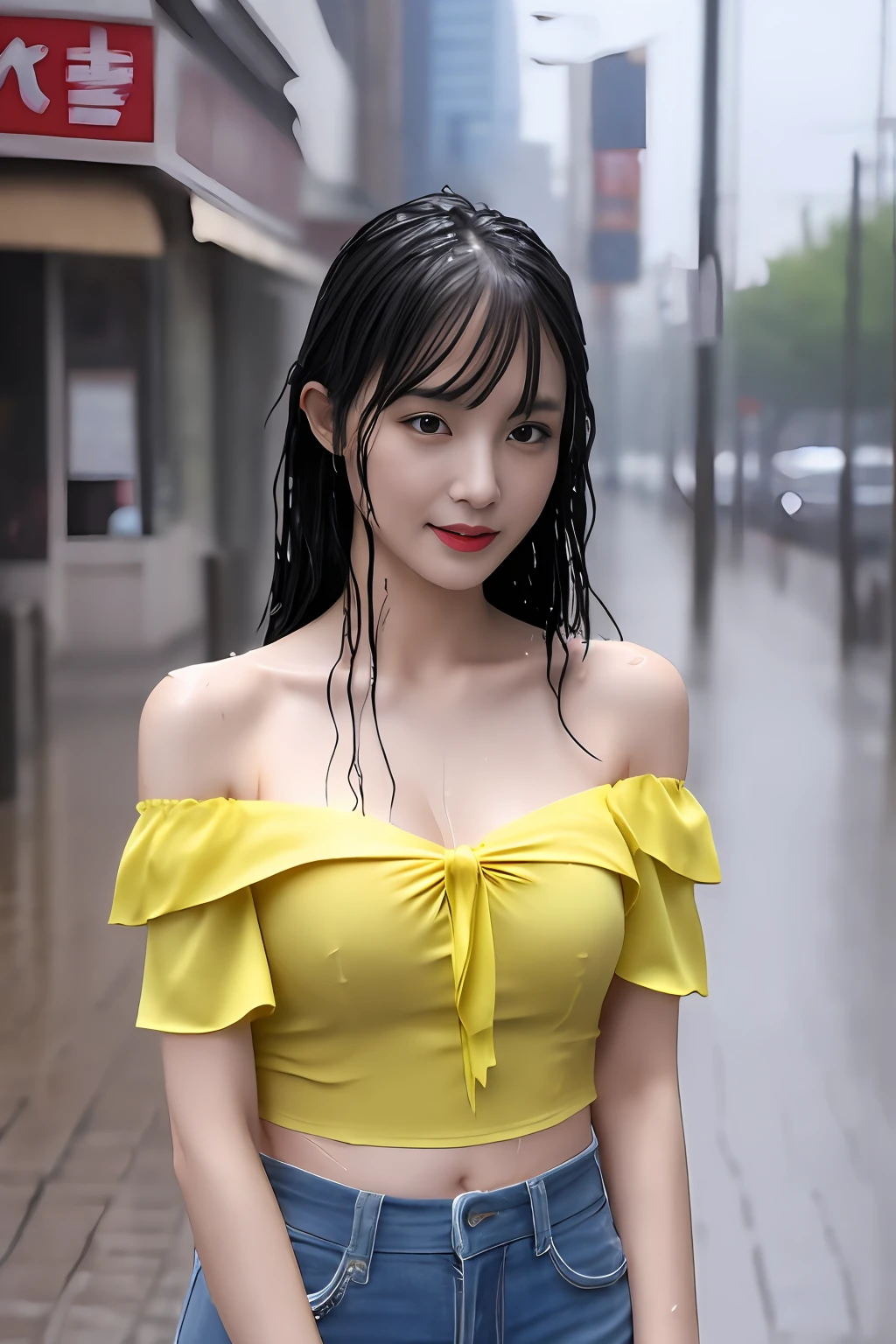 ((1 female: 1.5)), (anatomically correct proportions), (sexy proportions), ((sexy poses)), ((whole body: 2)), detailed face, detailed hair, Detailed skin, ((small face: 1.2)), thin waist, (large breasts), ((short torso)), ((1 screen)), 8K, RAW shot, highest quality, ((masterpiece)) , realistic photo, shot above the knee, (beautiful face like a Japanese actress), 18-year-old beauty, (((raining city street in the near future: 1.5))), (neon sign In a beautiful city: 1.5), ((beautiful woman standing in the rain)), ((body is soaking wet)), (((sheer off-shoulder blouse is (wet)))), ((wet (Sticking to the skin) off-shoulder blouse: 1.5)), ((body-fitting off-shoulder blouse)), ((no bra: 1.5)), (((nipple shadow: 1.5))), (( light-colored blouse)), ((tight skirt is (wet): 1.5)), (((wet hair: 1.2))), (((wet bangs: 1.8))), (sad expression)