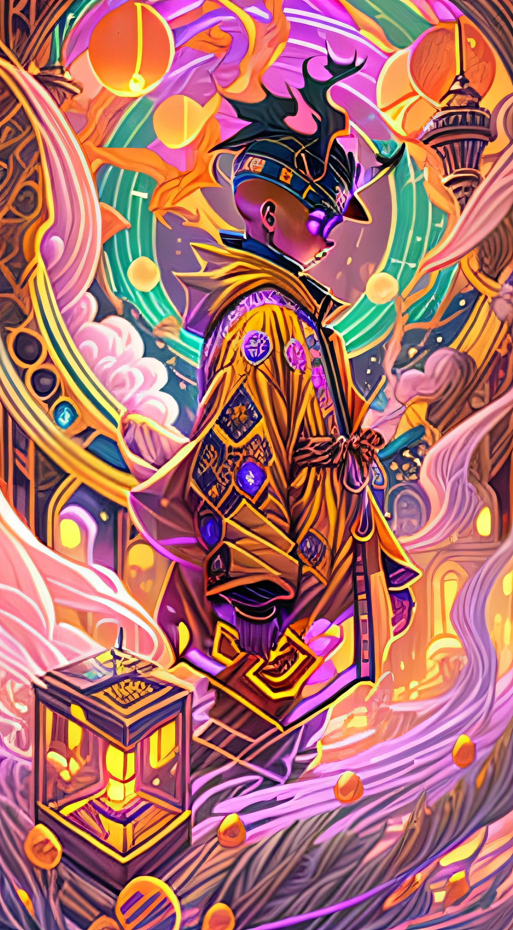 Craft an exquisite, high-resolution 4K masterpiece Draw a young caramel skin Male with bald Hair, standing on a Mysterious path floating in the middle of an alternate Dimension Leading to a Portal , turn his back on viewers , from behind , surrounded by Colorful energy Orbs glowing with fiery auras BREAK Dramatic lighting from distant SHooting stars Glistening like Diamonds illuminates the scene, casting deep shadows on the Clothing wearing streetwear Gucci Mink Designer Outfit, looking at the Portal and mysterious Contrasting colors on the other side with wonder and Awe with curiosity ,BREAK,Detailed,Realistic,4k highly detailed digital art,octane render, bioluminescent, BREAK 8K resolution concept art, realism,by Mappa studios,masterpiece,best quality,official art,illustration,ligne claire,(cool_color),perfect composition,absurdres, fantasy,focused,rule of thirds. The piece should be intricately detailed, inspired by the techniques of renowned artists such as Ryan Yee, Sachin Teng, JC Leyendecker, Jen Bartel, Beeple, and James Jean, with a particular emphasis on Sachin Teng's style.
The artwork should reflect the aesthetic of Shin Hanga, a winner of the Behance contest, and should achieve perfect symmetry. The subject of the portrait is Bald Hair Caramel skin Male. The atmosphere should be ethereal, with smoke, white light, and strong light elements.
Incorporate elements of surrealism into the piece, with ultra-detailed features and glowing eyes. The full-body shot should also include a close-up of the body, with Akuma holding weapons - a katana and a double dragon winding.
The color palette should be dominated by a mesmerizing blue light, and a bracer should be part of the attire. The piece should be available in HD, Ultra HD, and 4K resolutions. Finally, to add a dramatic effect, include a thunderous backdrop to the scene, creating a surreal and captivating masterpiece.