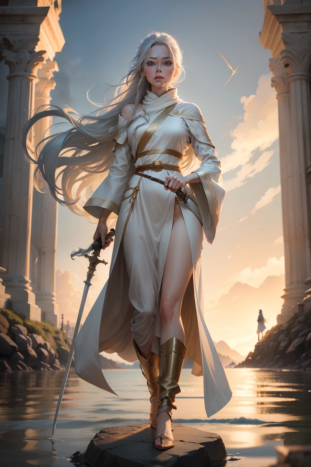 woman，Height of three feet，Holding a long sword in his hand，Gray hair and hair，Flowing hairstyle，Golden eye streamer，verve，Manteau blanc，Wide sleeved robe，Stand on a golden stone arch bridge，Look down on the water，Loving eyes，Gentility，ancient wind