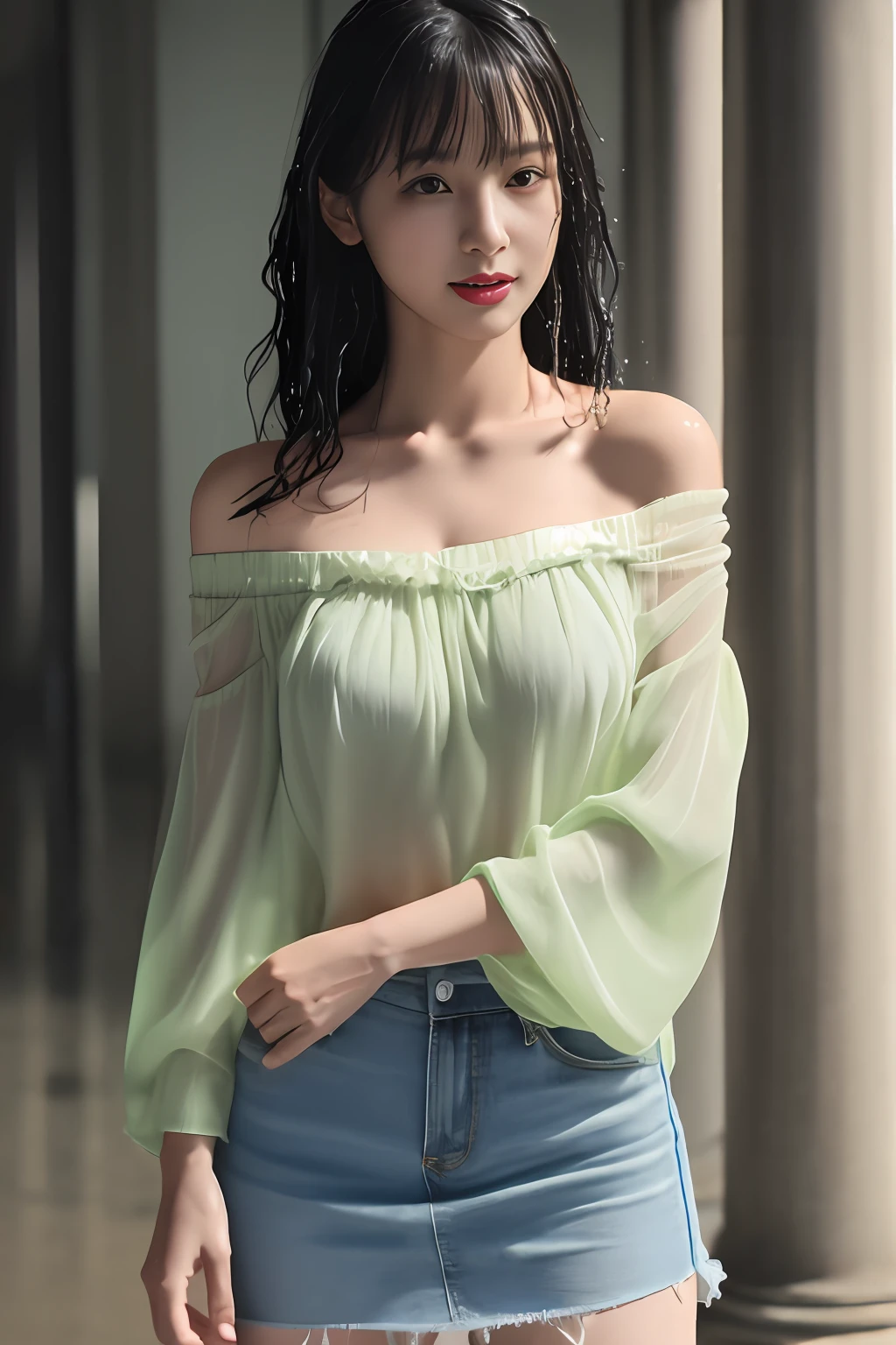 ((1 female: 1.5)), (anatomically correct proportions), (sexy proportions), ((sexy poses)), ((whole body: 2)), detailed face, detailed hair, Detailed skin, ((small face: 1.2)), thin waist, (large breasts), ((short torso)), ((1 screen)), 8K, RAW shot, highest quality, ((masterpiece)) , realistic photo, shot above the knee, (beautiful face like a Japanese actress), 18-year-old beauty, (((raining city street in the near future: 1.5))), (neon sign In a beautiful city: 1.5), ((beautiful woman standing in the rain)), ((body is soaking wet)), (((sheer off-shoulder blouse is (wet)))), ((wet (Sticking to the skin) off-shoulder blouse: 1.5)), ((body-fitting off-shoulder blouse)), ((no bra: 1.5)), (((nipple shadow: 1.5))), (( light-colored blouse)), ((tight skirt is (wet): 1.5)), (((wet hair: 1.2))), (((wet bangs: 1.8))), (sad expression)