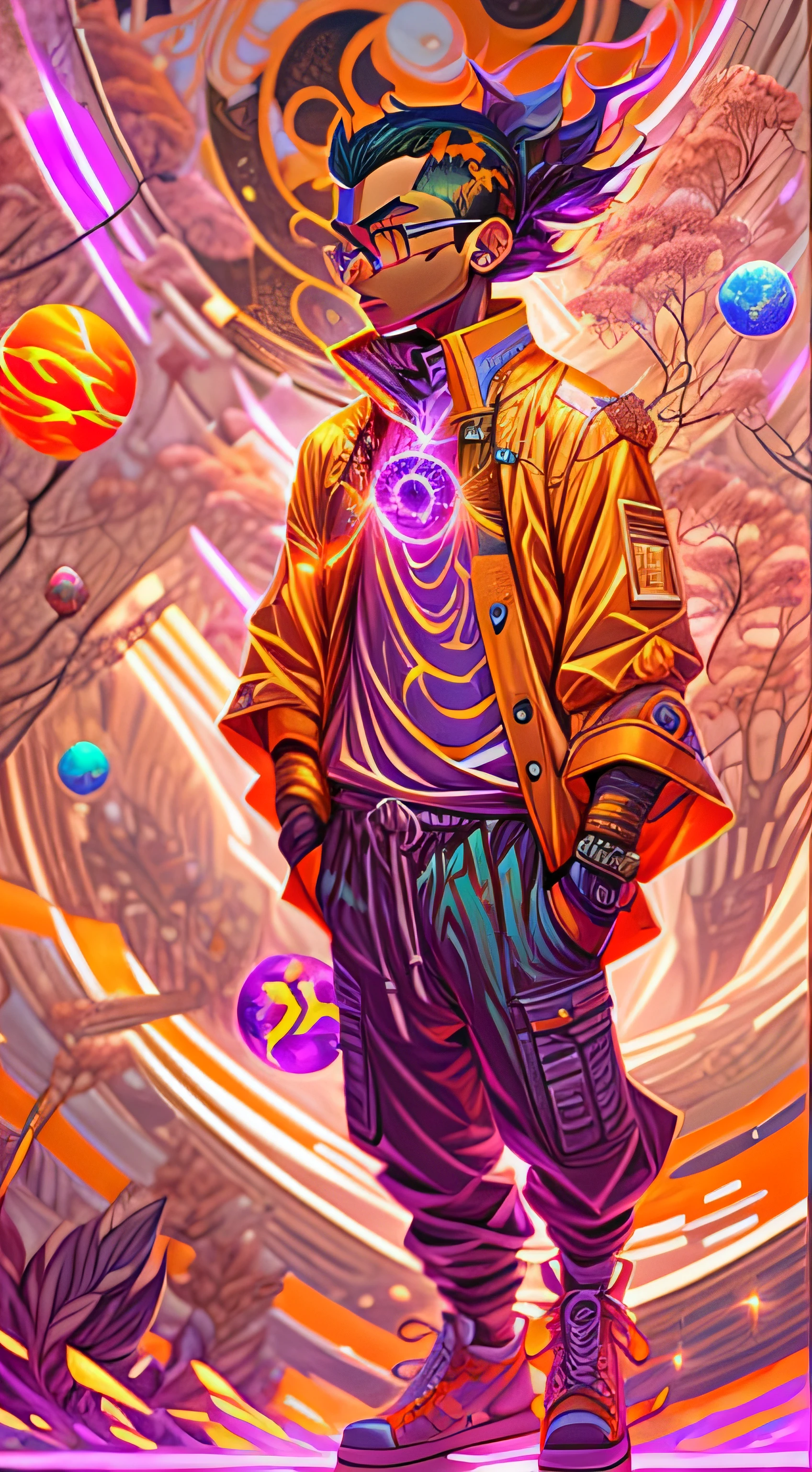 Craft an exquisite, high-resolution 4K masterpiece Draw a young caramel skin Male with bald Hair, standing on a Mysterious path floating in the middle of an alternate Dimension Leading to a Portal , turn his back on viewers , from behind , surrounded by Colorful energy Orbs glowing with fiery auras BREAK Dramatic lighting from distant SHooting stars Glistening like Diamonds illuminates the scene, casting deep shadows on the Clothing wearing streetwear Gucci Mink Designer Outfit, looking at the Portal and mysterious Contrasting colors on the other side with wonder and Awe with curiosity ,BREAK,Detailed,Realistic,4k highly detailed digital art,octane render, bioluminescent, BREAK 8K resolution concept art, realism,by Mappa studios,masterpiece,best quality,official art,illustration,ligne claire,(cool_color),perfect composition,absurdres, fantasy,focused,rule of thirds. The piece should be intricately detailed, inspired by the techniques of renowned artists such as Ryan Yee, Sachin Teng, JC Leyendecker, Jen Bartel, Beeple, and James Jean, with a particular emphasis on Sachin Teng's style. 

The artwork should reflect the aesthetic of Shin Hanga, a winner of the Behance contest, and should achieve perfect symmetry. The subject of the portrait is Bald Hair Caramel skin Male. The atmosphere should be ethereal, with smoke, white light, and strong light elements. 

Incorporate elements of surrealism into the piece, with ultra-detailed features and glowing eyes. The full-body shot should also include a close-up of the body, with Akuma holding weapons - a katana and a double dragon winding. 

The color palette should be dominated by a mesmerizing blue light, and a bracer should be part of the attire. The piece should be available in HD, Ultra HD, and 4K resolutions. Finally, to add a dramatic effect, include a thunderous backdrop to the scene, creating a surreal and captivating masterpiece.