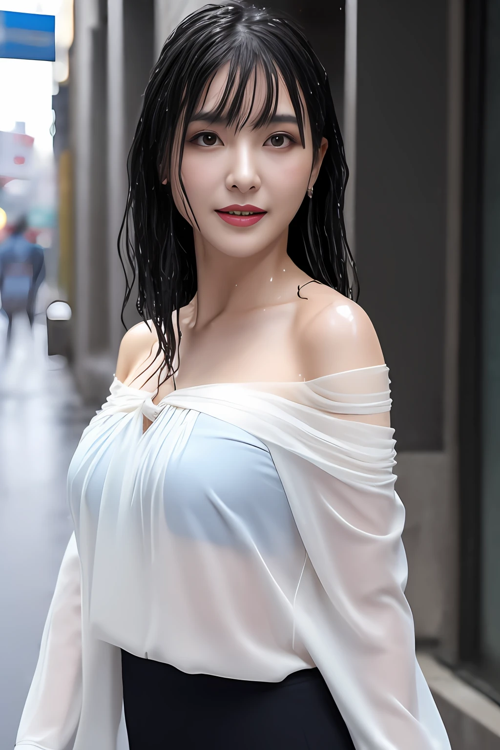 ((1 female: 1.5)), (anatomically correct proportions), (sexy proportions), ((sexy poses)), ((whole body: 2)), detailed face, detailed hair, Detailed skin, ((small face: 1.2)), thin waist, (large breasts), ((short torso)), ((1 screen)), 8K, RAW shot, highest quality, ((masterpiece)) , realistic photo, shot above the knee, (beautiful face like a Japanese actress), 18-year-old beauty, (((raining city street in the near future: 1.5))), (neon sign In a beautiful city: 1.5), ((beautiful woman standing in the rain)), ((body is soaking wet)), (((sheer off-shoulder blouse is (wet)))), ((wet (Sticking to the skin) off-shoulder blouse: 1.5)), ((body-fitting off-shoulder blouse)), ((no bra: 1.5)), (((nipple shadow: 1.5))), (( light-colored blouse)), ((tight skirt is (wet): 1.5)), (((wet hair: 1.2))), (((wet bangs: 1.8))), (sad expression)