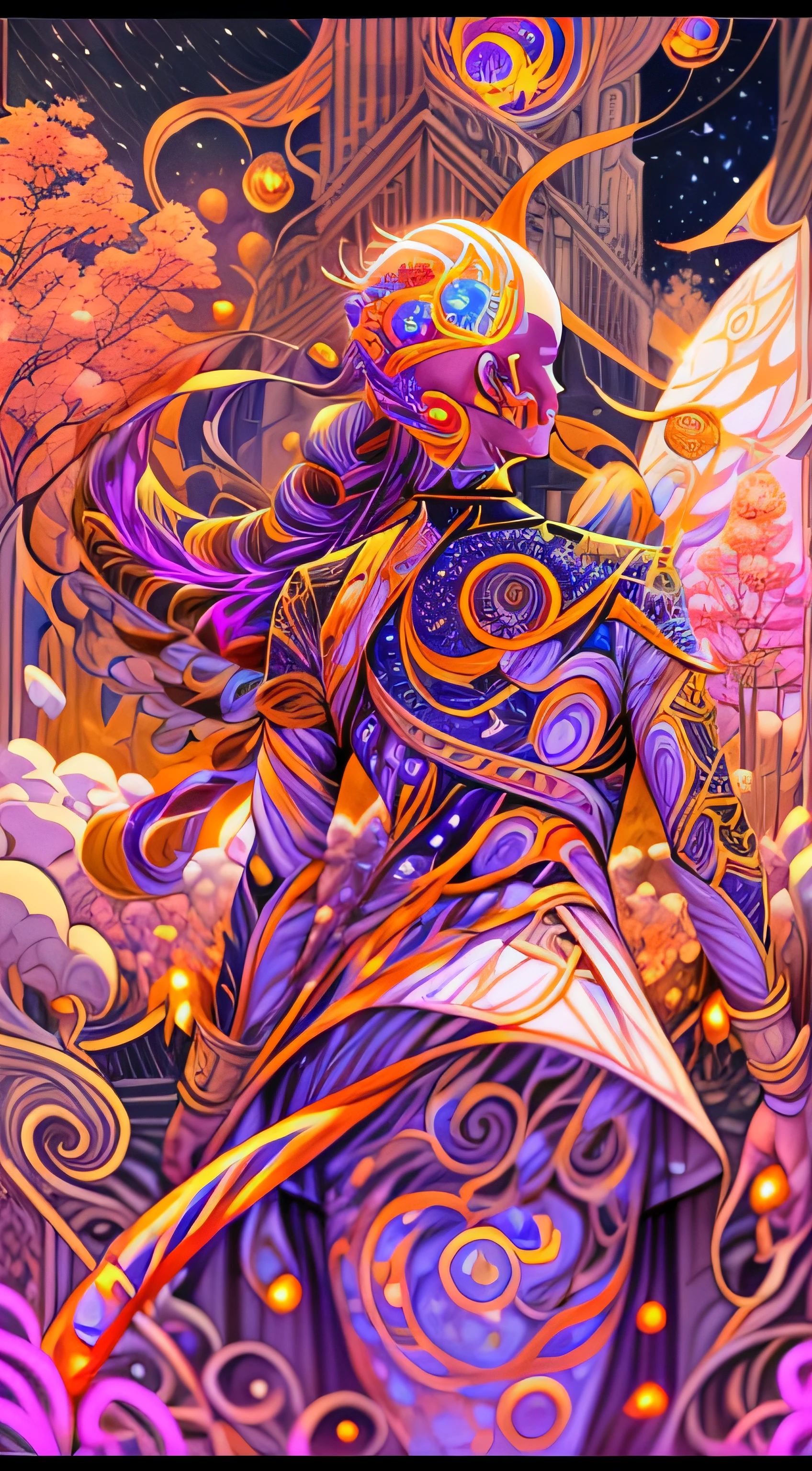 Craft an exquisite, high-resolution 4K masterpiece Draw a young caramel skin Male with bald Hair, standing on a Mysterious path floating in the middle of an alternate Dimension Leading to a Portal , turn his back on viewers , from behind , surrounded by Colorful energy Orbs glowing with fiery auras BREAK Dramatic lighting from distant SHooting stars Glistening like Diamonds illuminates the scene, casting deep shadows on the Clothing wearing streetwear Gucci Mink Designer Outfit, looking at the Portal and mysterious Contrasting colors on the other side with wonder and Awe with curiosity ,BREAK,Detailed,Realistic,4k highly detailed digital art,octane render, bioluminescent, BREAK 8K resolution concept art, realism,by Mappa studios,masterpiece,best quality,official art,illustration,ligne claire,(cool_color),perfect composition,absurdres, fantasy,focused,rule of thirds. The piece should be intricately detailed, inspired by the techniques of renowned artists such as Ryan Yee, Sachin Teng, JC Leyendecker, Jen Bartel, Beeple, and James Jean, with a particular emphasis on Sachin Teng's style. 

The artwork should reflect the aesthetic of Shin Hanga, a winner of the Behance contest, and should achieve perfect symmetry. The subject of the portrait is Bald Hair Caramel skin Male. The atmosphere should be ethereal, with smoke, white light, and strong light elements. 

Incorporate elements of surrealism into the piece, with ultra-detailed features and glowing eyes. The full-body shot should also include a close-up of the body, with Akuma holding weapons - a katana and a double dragon winding. 

The color palette should be dominated by a mesmerizing blue light, and a bracer should be part of the attire. The piece should be available in HD, Ultra HD, and 4K resolutions. Finally, to add a dramatic effect, include a thunderous backdrop to the scene, creating a surreal and captivating masterpiece.