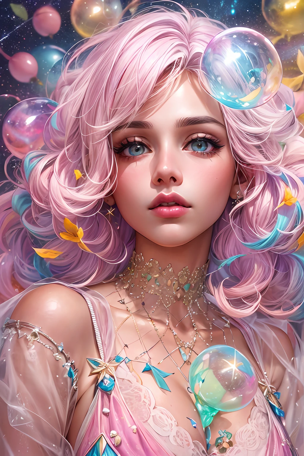 ((masterpiece)). This artwork is sweet, dreamy and ethereal, with soft pink watercolor hues and candy accents. Generate a delicate and demure fae exploring a (bubblegum world with a wide variety of pastel shades). Her sweet face is extremely detailed and realistic with elegant features and a fierce expression, and looks like ((((naomi scott)))). Include mature features and stunning, highly realistic eyes. Her eyes are important and should be realistic, highly detailed, and beautiful. In high definition and detail, include lots of details like stars, galaxies, colorful bubbles, colorful petals, and lots of energy and emotion! The stars and colorful bubblegum bubbles are important! Include fantasy details, enhanced details, iridescence, colorful glittering wind, and pollen. Pay special attention to her face and make sure it is beautifully and realistically detailed. The image should be dreamy and ethereal.8k, intricate, elegant, highly detailed, majestic, digital photography