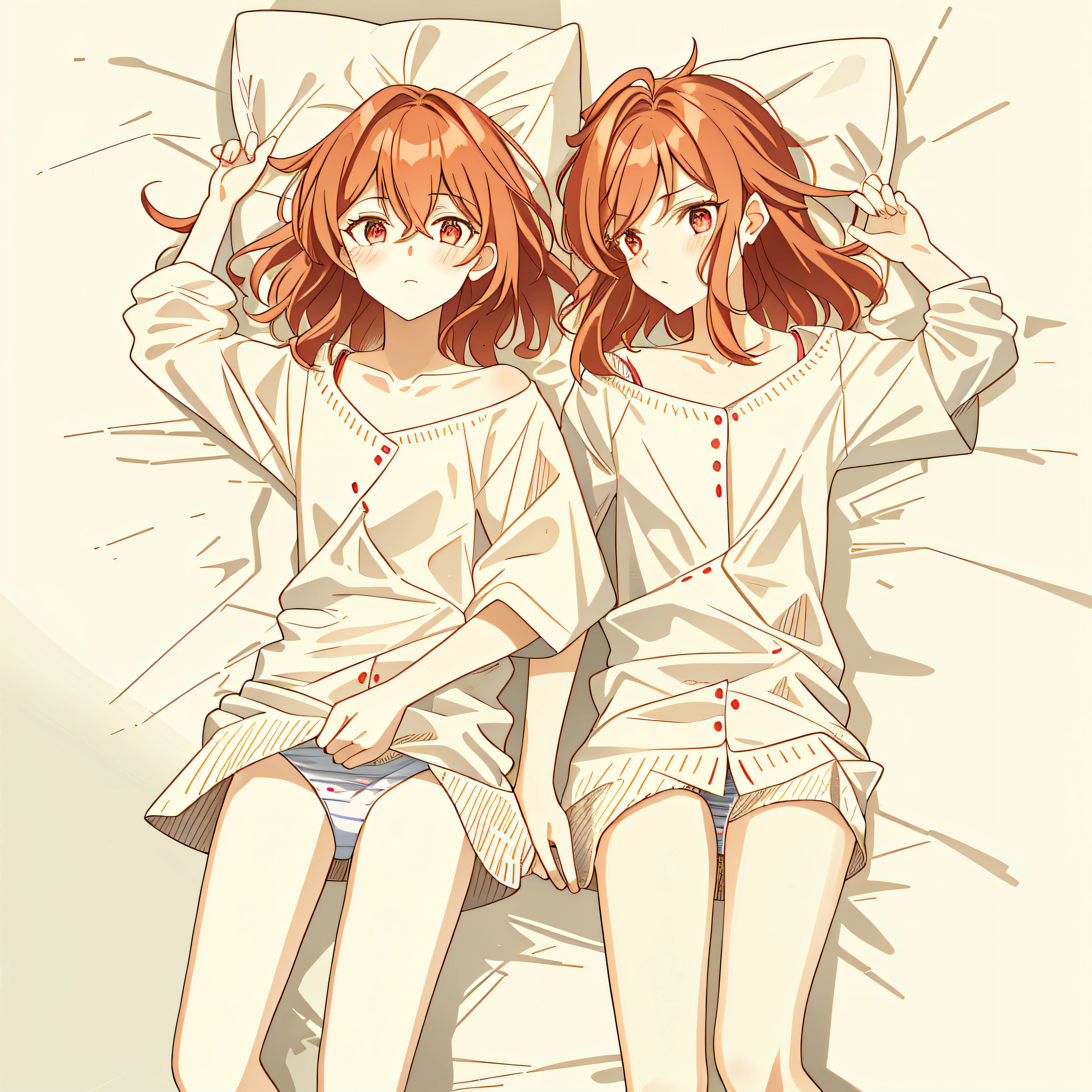 2 girls, Be red in the face, (vred:0.6), is shy, (tmasterpiece, best qualtiy:1.1), (sketching:1.1), Paper, Look at each other, The upper part of the body, Detailed eyes, pyjamas,onbed,2 girls, Be red in the face, (vred:0.6), is shy, (tmasterpiece, best qualtiy:1.1), (sketching:1.1), Paper, Look at each other, The upper part of the body, Detailed eyes, pyjamas,onbed,pillow head
