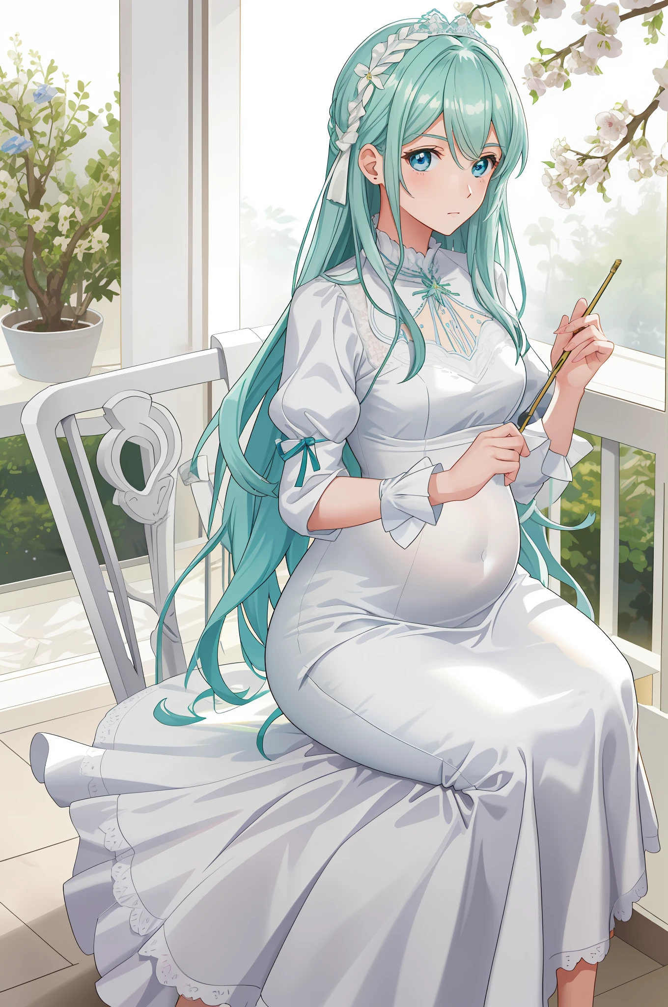 (embarazada), La mejor calidad, Obra maestra, Altamente detallado, anime, 1 girl, Parte superior del cuerpo, violeta_Evergarden, senos medianos, Cara perfecta, cabello rubio, cinta para el cabello, ojos azules, ojos brillantes, chaqueta azul, mangas largas, vestido blanco, Joya verde, guantes marrones, interior, silla, ventana, Mirando al espectador, embarazada, vientre embarazada, ((embarazada)),
