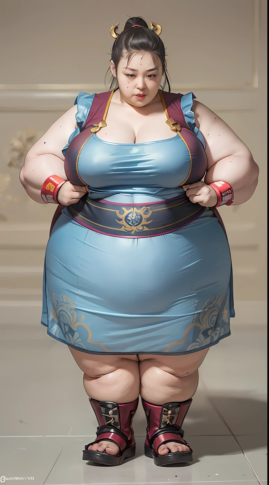 Chun Li who has quit fighting and indulged herself eating and specially fastfood for years, too extremely super obese, obese bottomed, with a thin torso, with small boobs, with slim cheeks, with Chun-Li's head, realistic style