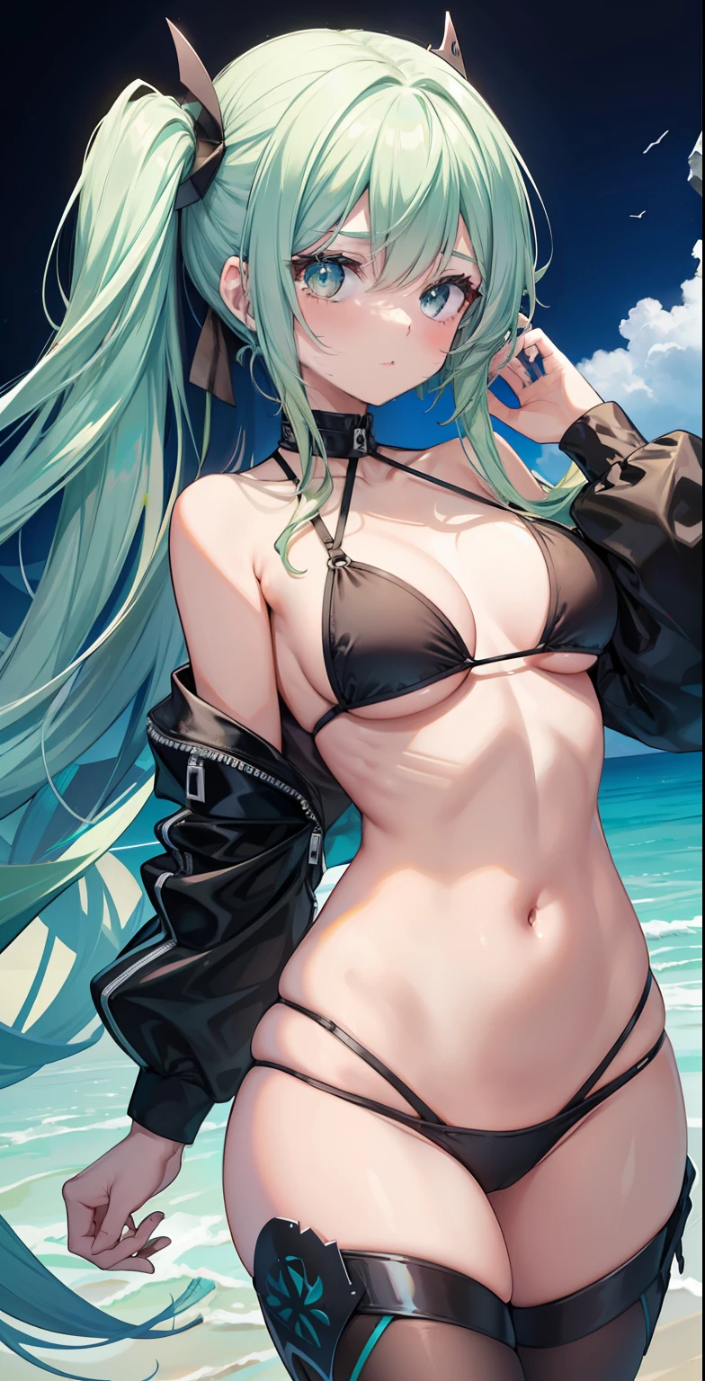 corpo bonito, rosto bonito, 3 garotas juntas, garota mais velha, cabelo verde claro, olhos, Neck strap, ombros, SEXY BIKINI STRIPS BLACK WITH FRONT ZIPPER REF 3444, peito grande, barriga, cintura fina, pernas grossas, coxa grossas, random background scenario, olhando para telespectador