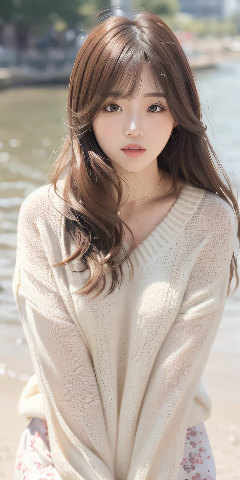 1girl walking on the river, mix4, sweater, pillow, lips, open_mouth, realistic, photo_\(medium\), solo, stuffed_animal, stuffed_toy, teddy_bear, (masterpiece), (realism: 1.3), super detailed, (High detail skin: 1.2), (Best quality: 1.0), (Ultra resolution: 1.0), (ULZZANG-6500: 0.3), wavy detail hair, long hair, sunshine, (beautiful detail makeup), (sexually aroused blush, heavy breath: 1.0), floral theme petals scattered, (soft light bloom: 0.5)