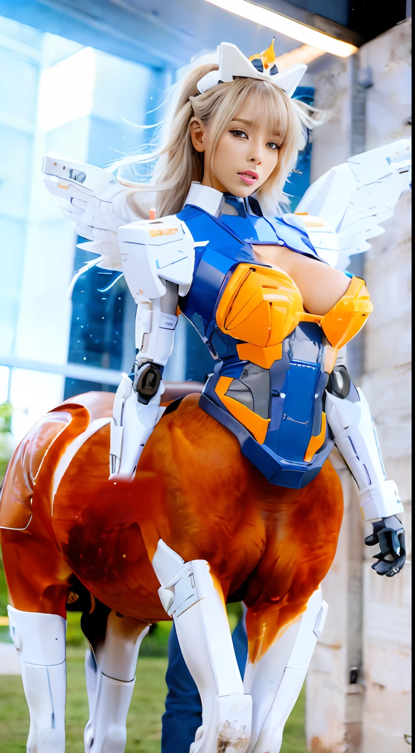 A female centaur,She is famous in the multiverse,She is both a female centaur, half human, half horse, half horse,It is also a female Yingzhao。She blends both images,The first is the head of a horse/neck/Shoulder these parts,After feminization,The upper body transforms into a beautiful female human,Female, half-centaur, half-human, half-horse, half-human,The second is the waist of the horse/hason/gluteal/Legs feminine,Female half-horse with beautiful woman's,Chimer,It's like a female human wearing a half-horse-like costume and making a seamless chimera,This chimerization is based on powerful futuristic technology。The ultra-wide-angle lens captures the image of her sleek and ethereal wings charging and leaping on the ionosphere。Her front half is distinctly feminine,Tall sexy body,Has K cup teardrop-shaped giant tit chest,It has a small man's waist butterfly spanning long legs,The half-horse part of the hind body,Embedded interface in the front half of the body hip position。The horse-shaped, half-horse torso form of her back body is completely female and humanized。A sexy bent dog-style shaped ribcage embedded in the lower back position of the beautiful woman's body from the upper end of the sternum/lower back/Ventral transverse。Then there are the sexy beauty's upright hips,Her entire body has been completely feminized,Including the half-horse part。Mechanized armor covers the legs with knee-shaped anti-joints and feet,And these parts are highly anthropomorphic,This makes her legs graceful and slender,Her four horse legs exploded in length proportions and was slender and toned,Under the legs are skinny white feet dressed in Skyscraper Heels,Use Midjourney's advanced stroke tools and color palettes, as well as texture packs, model packs, and texture tools,Concentration,Femaleize all parts of her original equine physiologic appearance,And give these parts an ergonomic appearance,Fine treatment of the thoracic and abdominal cavity of the posterior body,As well as hips and