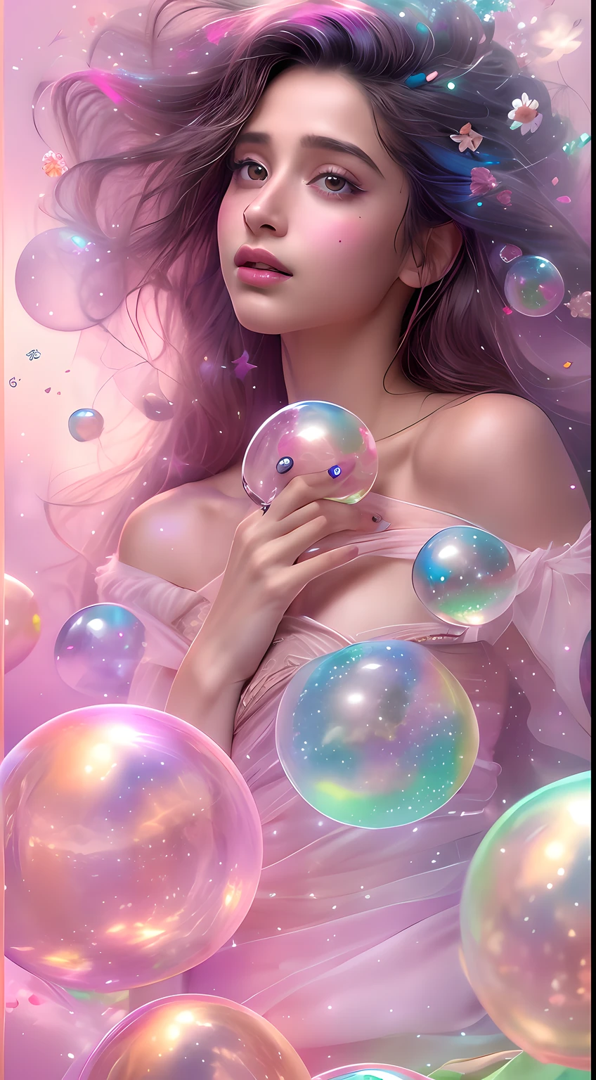 ((masterpiece)). This artwork is sweet, dreamy and ethereal, with soft pink watercolor hues and candy accents. Generate a delicate and demure fae exploring a (bubblegum world with a wide variety of pastel shades). Her sweet face is extremely detailed and realistic with elegant features and a fierce expression, and looks like ((((naomi scott)))). Include mature features and stunning, highly realistic eyes. Her eyes are important and should be realistic, highly detailed, and beautiful. In high definition and detail, include lots of details like stars, galaxies, colorful bubbles, colorful petals, and lots of energy and emotion! The stars and colorful bubblegum bubbles are important! Include fantasy details, enhanced details, iridescence, colorful glittering wind, and pollen. Pay special attention to her face and make sure it is beautifully and realistically detailed. The image should be dreamy and ethereal.8k, intricate, elegant, highly detailed, majestic, digital photography