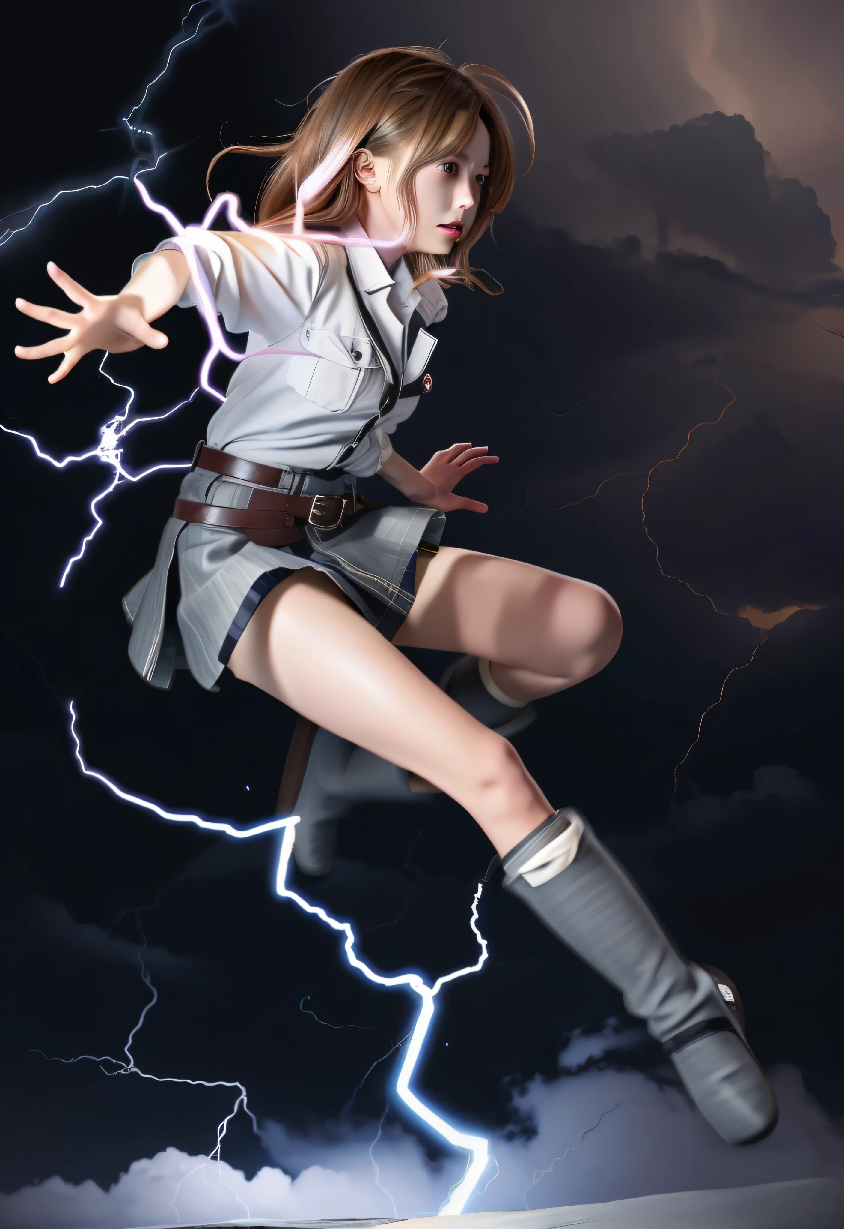 A woman in a short skirt jumps in the air, splashes of lightning behind her, railgun, japanese lightning goddess, goddess of lightning, she is attracting lightnings, Female protagonist 👀 :8, Anime lighting, with lightning, Epic light novel art cover, one point lightning, Female action anime girl, New Xiangcheng, the anime girl is running
