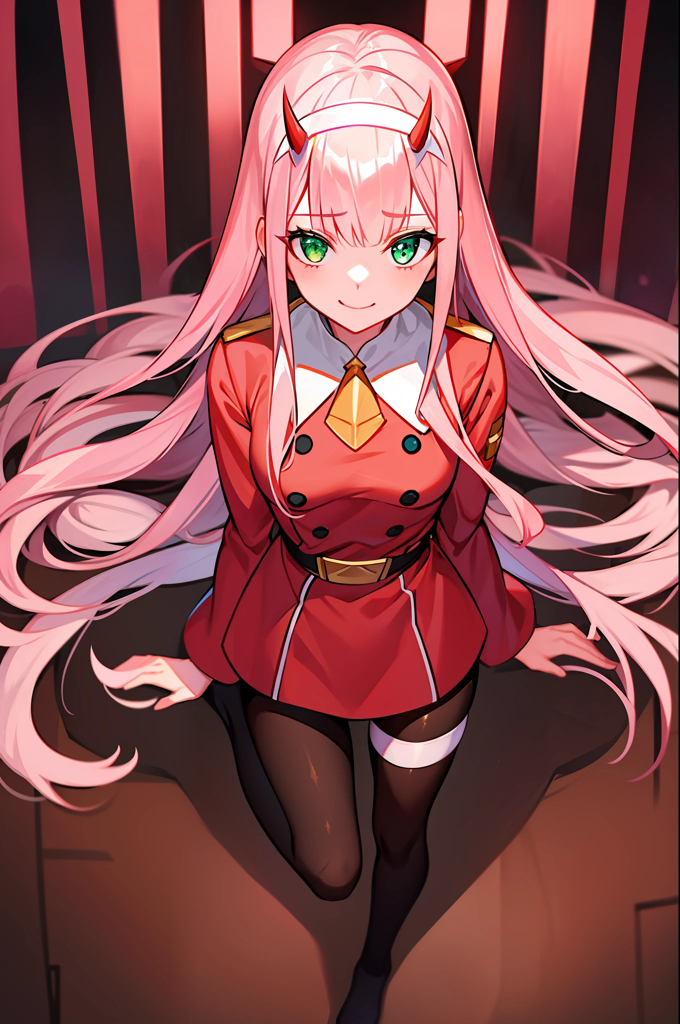 Zerotwo，high qulity，hyper-detailing， 1girll， By bangs， night club， shairband， banya， long whitr hair， longer sleeves， looking at viewert， red blous， belt, Pantyhose, Green eyes,， oni horn， Pink hair，pair of small red horns, Pink hair, Red eyeshadow, taut skin ， ssmile， 独奏， standing on your feet， white hair ribbon， （（tmasterpiece）），Smooth and shiny，4K，Full body photo，