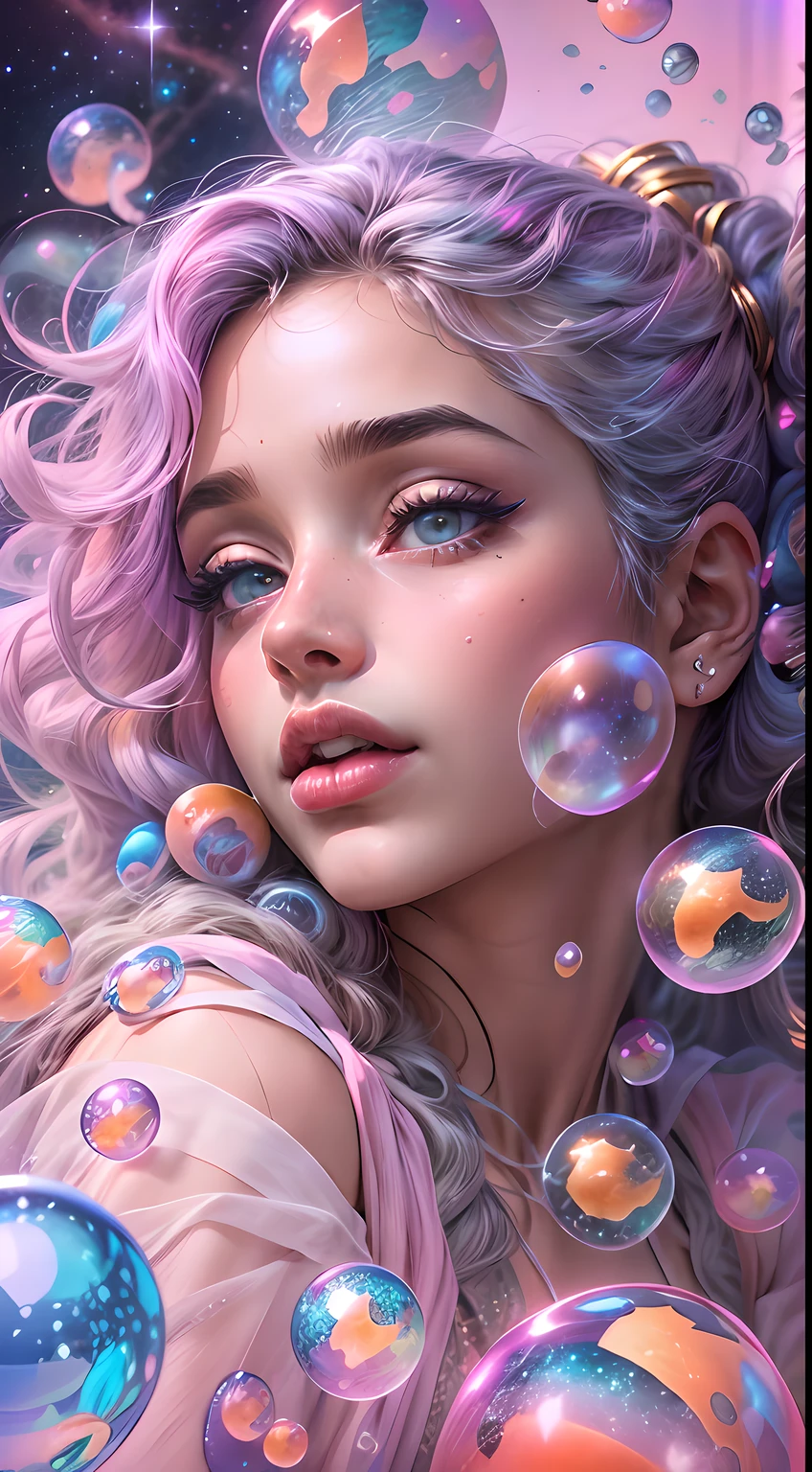 ((masterpiece)). This artwork is sweet, dreamy and ethereal, with soft pink watercolor hues and candy accents. Generate a delicate and demure fae exploring a (bubblegum world with a wide variety of pastel shades). Her sweet face is extremely detailed and realistic with elegant features and a fierce expression, and looks like ((((naomi scott)))). Include mature features and stunning, highly realistic eyes. Her eyes are important and should be realistic, highly detailed, and beautiful. In high definition and detail, include lots of details like stars, galaxies, colorful bubbles, colorful petals, and lots of energy and emotion! The stars and colorful bubblegum bubbles are important! Include fantasy details, enhanced details, iridescence, colorful glittering wind, and pollen. Pay special attention to her face and make sure it is beautifully and realistically detailed. The image should be dreamy and ethereal.8k, intricate, elegant, highly detailed, majestic, digital photography