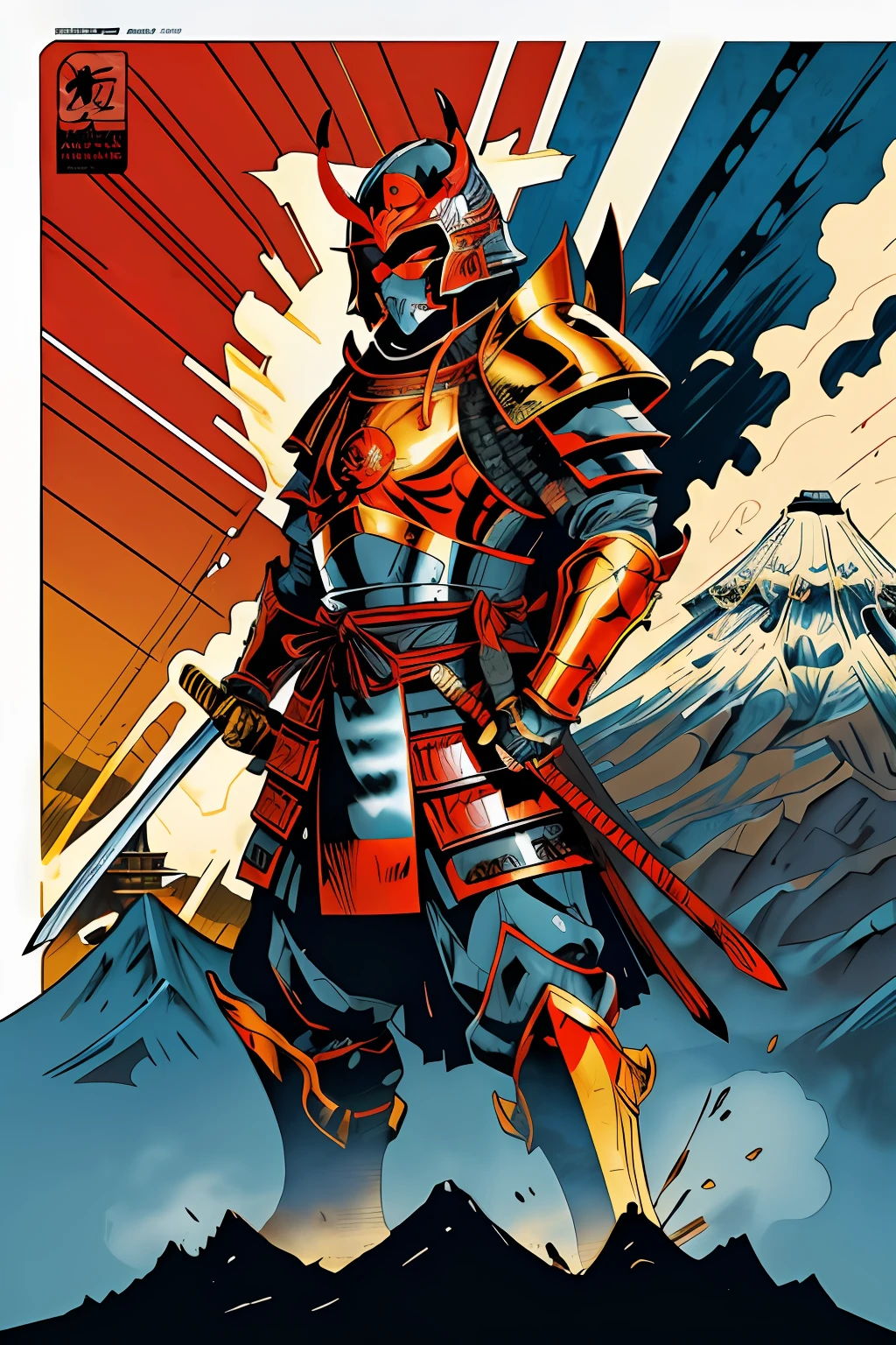 1man, ( oni helmet and mask), japanese samurai armor, glowing eyes, mecha, japanese traditional style ,(katana, Iai Slashing pose) ,side view, fuji mountai, sun
, negative space, clear lines, high contrast, simplified, blue and gold tone
(comic style), (colored line art:1.5)
