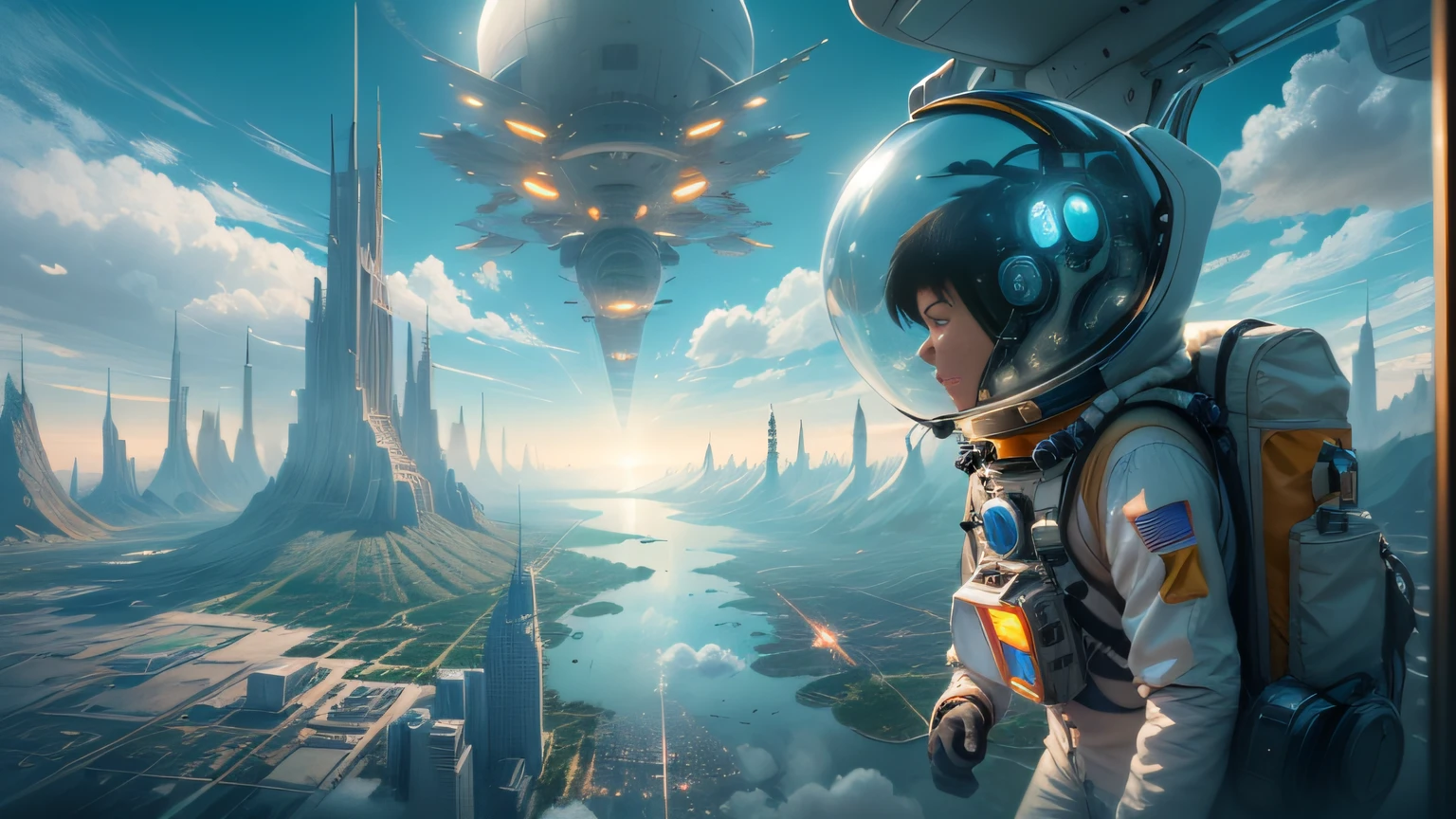 Above the clouds in the sky,Upside-down city,Mysterious sense of technology,blueglow,A futuristic,Ambilight,reflections and refractions,Strange flying machine,Galloping spaceship,A man in a spacesuit hangs in the air,ultra-realistic realism,hoang lap,Unrealistic fantasies,Nicolas Bouvier style