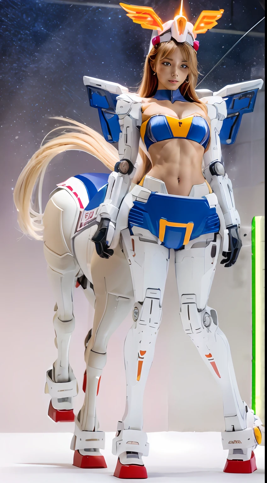 A female centaur,She is famous in the multiverse,She is both a female centaur, half human, half horse, half horse,It is also a female Yingzhao。She blends both images,The first is the head of a horse/neck/Shoulder these parts,After feminization,The upper body transforms into a beautiful female human,Female, half-centaur, half-human, half-horse, half-human,The second is the waist of the horse/hason/gluteal/Legs feminine,Female half-horse with beautiful woman's,Chimer,It's like a female human wearing a half-horse-like costume and making a seamless chimera,This chimerization is based on powerful futuristic technology。The ultra-wide-angle lens captures the image of her sleek and ethereal wings charging and leaping on the ionosphere。Her front half is distinctly feminine,Tall sexy body,Has K cup teardrop-shaped giant tit chest,It has a small man's waist butterfly spanning long legs,The half-horse part of the hind body,Embedded interface in the front half of the body hip position。The horse-shaped, half-horse torso form of her back body is completely female and humanized。A sexy bent dog-style shaped ribcage embedded in the lower back position of the beautiful woman's body from the upper end of the sternum/lower back/Ventral transverse。Then there are the sexy beauty's upright hips,Her entire body has been completely feminized,Including the half-horse part。Mechanized armor covers the legs with knee-shaped anti-joints and feet,And these parts are highly anthropomorphic,This makes her legs graceful and slender,Her four horse legs exploded in length proportions and was slender and toned,Under the legs are skinny white feet dressed in Skyscraper Heels,Use Midjourney's advanced stroke tools and color palettes, as well as texture packs, model packs, and texture tools,Concentration,Femaleize all parts of her original equine physiologic appearance,And give these parts an ergonomic appearance,Fine treatment of the thoracic and abdominal cavity of the posterior body,As well as hips and