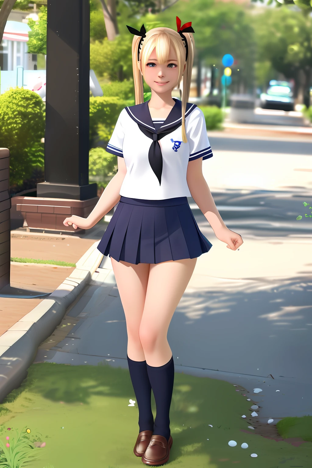 Top image quality、8K picture quality、hightquality、Detailed picture、 NSFW、1girll、独奏、full body Esbian、Marie Rose、A smile、Embarrassing、red blush、small plump breasts、Laughter in the chest、slenderbody、Summer short-sleeved sailor suit、Short length、Red color ornament、The navel is visible、Dark blue super mini pleated skirt、 (((Skirt Lift)))、((white panties))、Standing Pose、Open your legs shoulder-width apart、Thrust your hips forward、((Black High Socks))、((Brown loafers))、gazing at viewer、Facing the viewer、((Show off your panties to the camera))white thighhig、Glamorous、frilld、Stone corridor