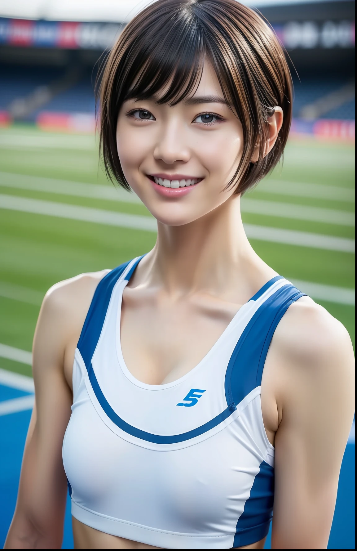 (((full bodyesbian)))、japanese beauty girl、((Short-cut hairstyles))、Perfect style、track and field uniform、beauty legs、kawaii、((Track & Field Athletes Women))、(((1人)))、((stadium))、Transcendent cute、A slight smil、Beautiful breasts、full bodyesbian、athletic field、((Outstanding style))、((Healthy body))、 Photorealsitic、Beautiful detailed eyes、Hyper-Realism、highcontrast、Ultra HD、realistic skin textures、Top image quality、top-quality、超A high resolution、Fine details、Very meticulously