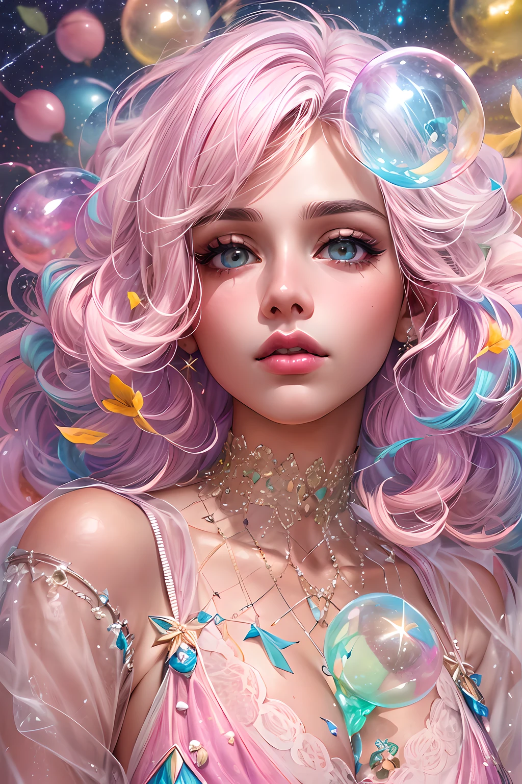 ((masterpiece)). This artwork is sweet, dreamy and ethereal, with soft pink watercolor hues and candy accents. Generate a delicate and demure fae exploring a (bubblegum world with a wide variety of pastel shades). Her sweet face is extremely detailed and realistic with elegant features and a fierce expression, and looks like ((((naomi scott)))). Include mature features and stunning, highly realistic eyes. Her eyes are important and should be realistic, highly detailed, and beautiful. In high definition and detail, include lots of details like stars, galaxies, colorful bubbles, colorful petals, and lots of energy and emotion! The stars and colorful bubblegum bubbles are important! Include fantasy details, enhanced details, iridescence, colorful glittering wind, and pollen. Pay special attention to her face and make sure it is beautifully and realistically detailed. The image should be dreamy and ethereal.8k, intricate, elegant, highly detailed, majestic, digital photography