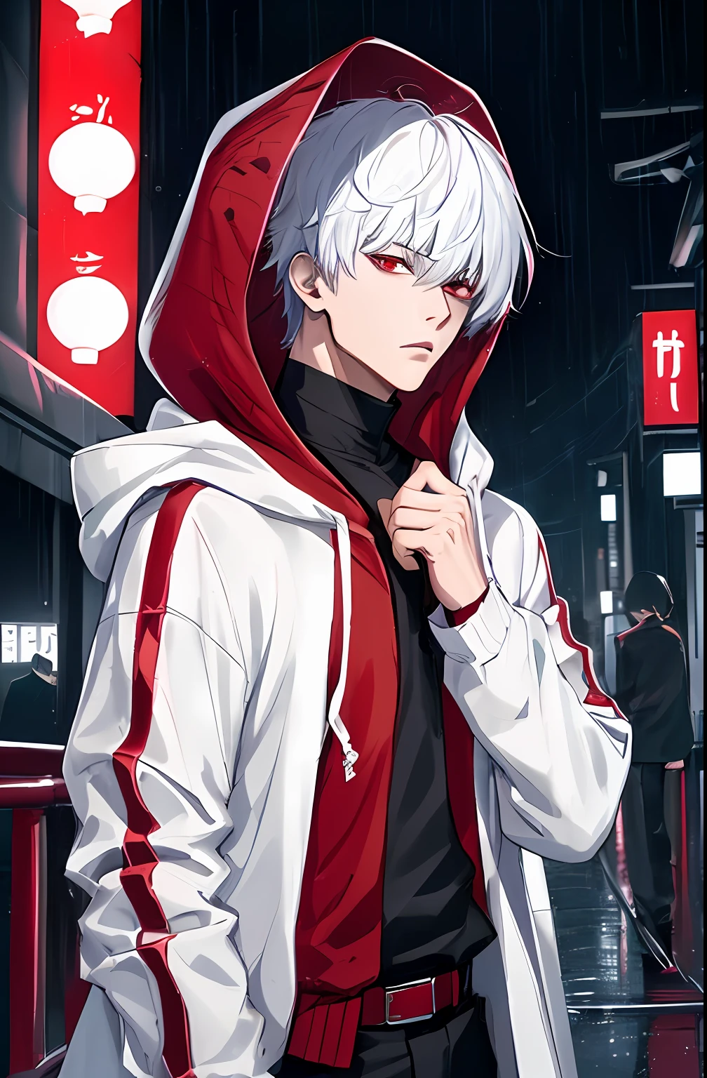 kk, best quality, more details, masterpiece, 1boy, kaneki ken, portrait, male focus, red eyes, solo, bangs, looking at viewer, hood, short hair, rain, tokyo tokyo \(city\), hood up, nail polish, white hair, luxurious, 8k, detailed, ray tracing, depth of field, cinematic lighting,