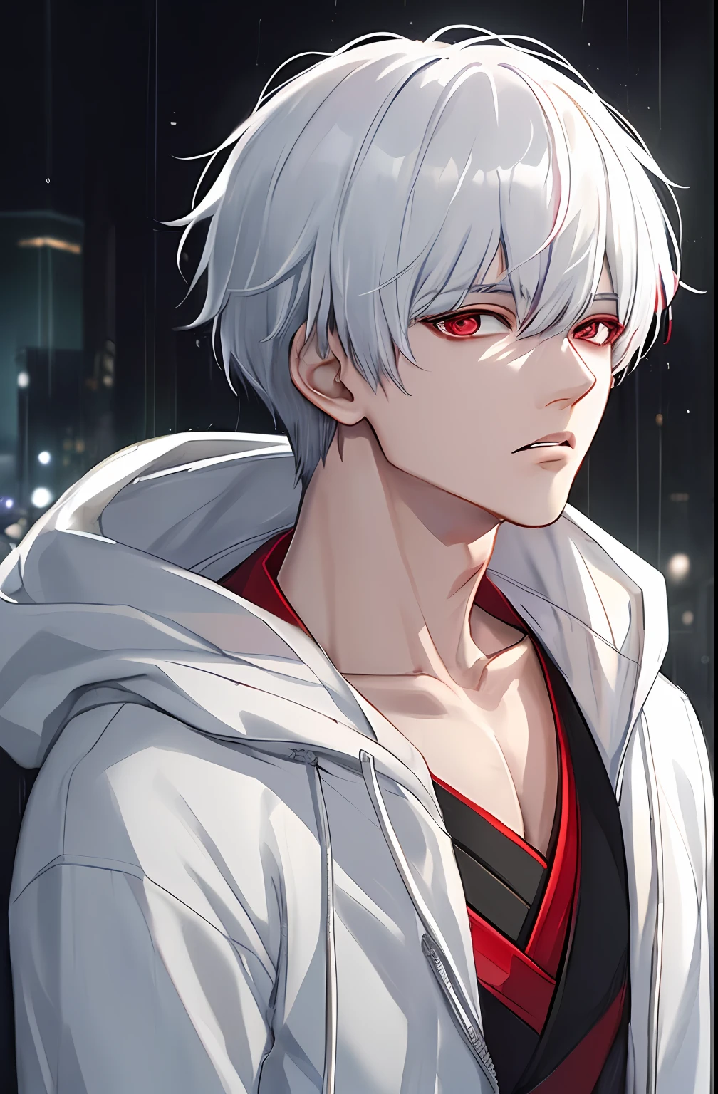 kk, best quality, more details, masterpiece, 1boy, kaneki ken, portrait, male focus, red eyes, solo, bangs, looking at viewer, hood, short hair, rain, tokyo tokyo \(city\), hood up, nail polish, white hair, luxurious, 8k, detailed, ray tracing, depth of field, cinematic lighting,