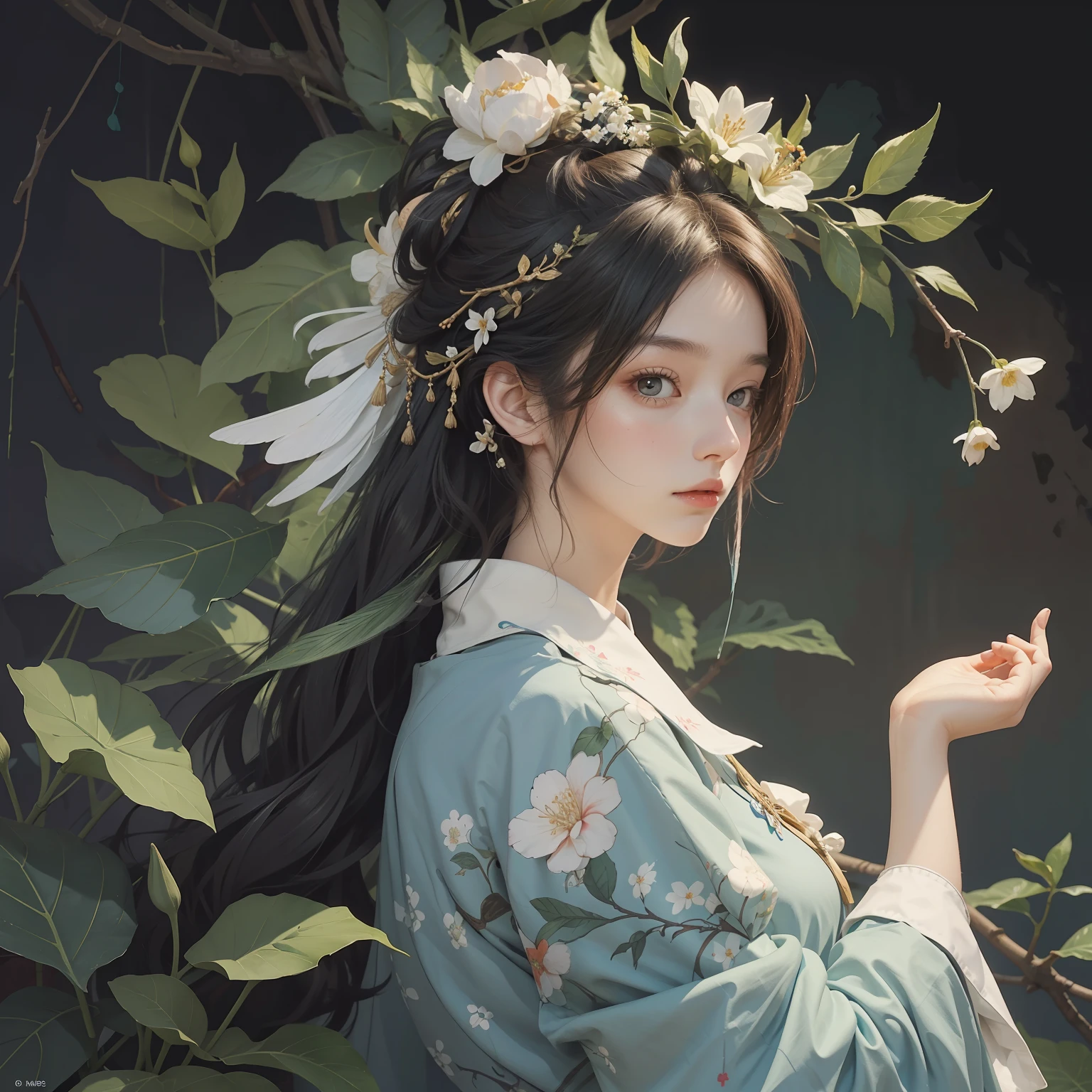 James Jane（James Jean）A painting，Flowers and leaves are worn on the head，A bird