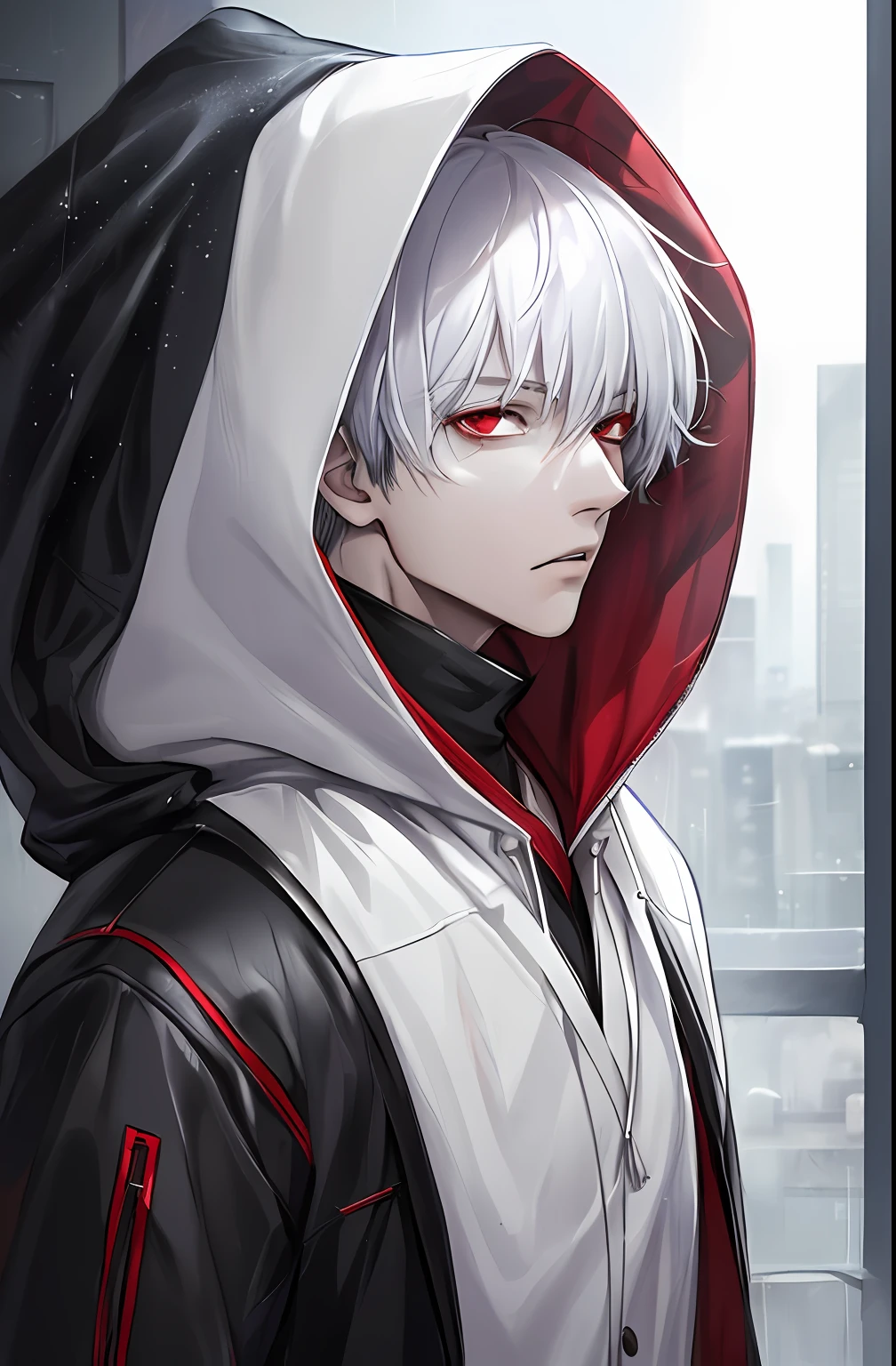 kk, best quality, more details, masterpiece, 1boy, kaneki ken, portrait, male focus, red eyes, solo, bangs, looking at viewer, hood, short hair, rain, tokyo tokyo \(city\), hood up, nail polish, white hair, luxurious, 8k, detailed, ray tracing, depth of field, cinematic lighting,