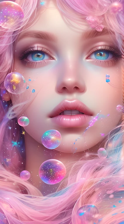 ((masterpiece)). This artwork is sweet, dreamy, and ethereal, with soft pink watercolor hues and candy accents. Include many small details and fantasy elements. Generate a delicate and demure fae exploring a (bubblegum world with a wide variety of pastel shades). Her sweet face is extremely detailed and realistic with elegant features and a fierce expression, and looks like (britney spears). Include mature features and (stunning, highly realistic eyes). Her eyes are important and should be realistic, highly detailed, and beautiful. In high definition and detail, ((include lots of details like stars, galaxies, colorful bubbles, colorful petals,)) and lots of energy and emotion! The stars and colorful bubblegum bubbles are important! Include fantasy details, enhanced details, iridescence, colorful glittering wind, and pollen. Pay special attention to her face and make sure it is beautifully and realistically detailed. The image should be dreamy and ethereal.8k, intricate, elegant, highly detailed, majestic, digital photography