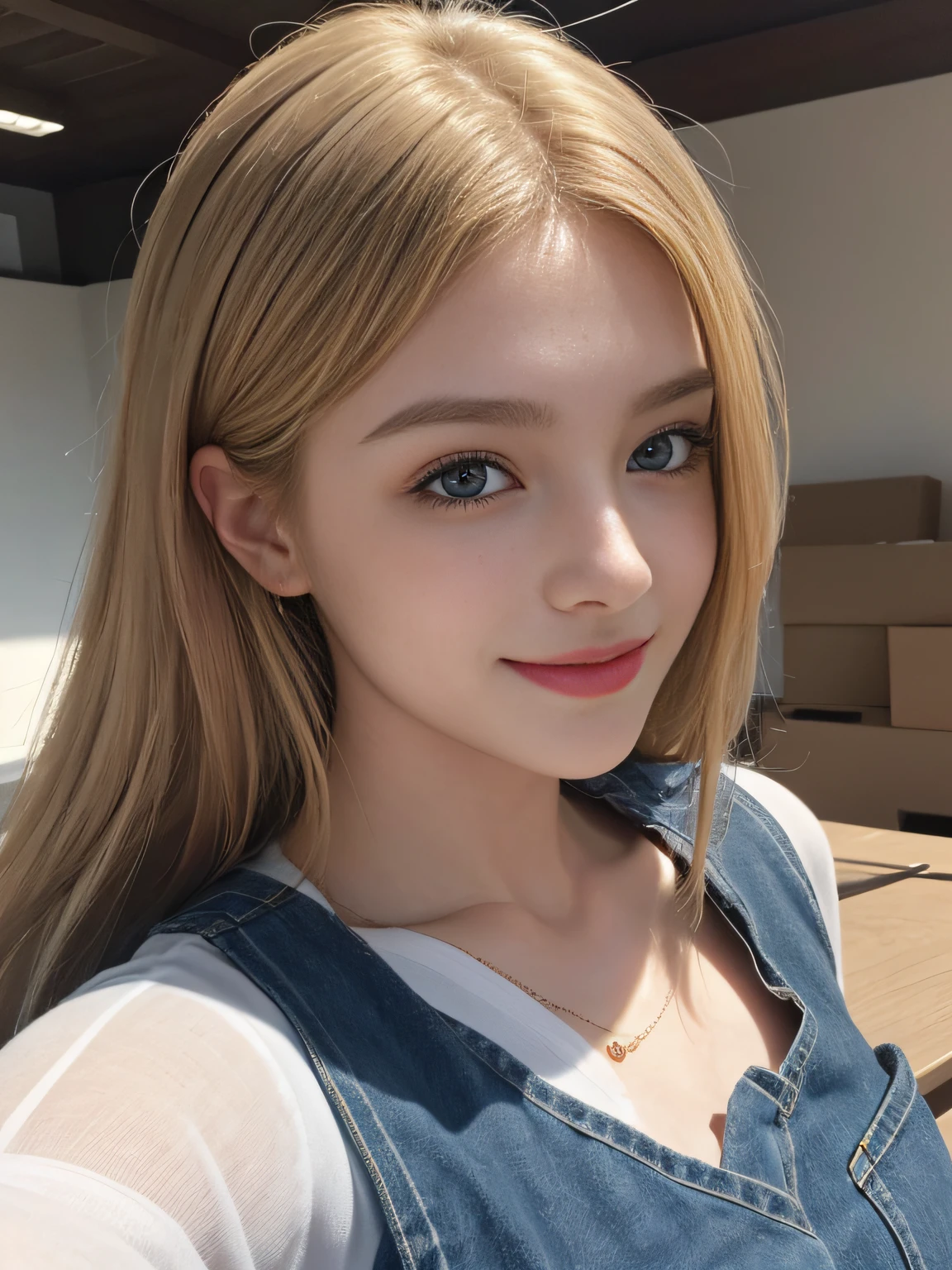 A magnificent sculpture in the post office, with the best picture quality and high resolution, featuring a beautiful 26-year-old Russian girl. The details are portrayed exquisitely, with her stunning blue double-eyelids eyes, eyes that seem to smile, yellow hair, beautiful skin, and an incredibly sharp and realistic image (reality: 1.4). Her face appears slightly younger, and her skin is smooth and slender, giving a sense of hyperrealism and illustration, sunshine smile, Her smiling eyes shine brightly like glistening rays of sun.. The artwork is presented in high resolution (16K), providing the most beautiful and impressive details, especially in the meticulously drawn eyes.
In the painting, she is depicted holding some cardboard boxes, standing at a post office. The bright and professional lighting highlights her long blonde hair. She wears a yellow T-shirt and combat jeans. The setting is a post office with several carefully arranged parcels.
Pose: She is described as smiling and looking straight ahead. The portrait is highly detailed, emphasizing her facial features and exquisite characteristics.
This artwork is a true masterpiece, combining artistic talent and ultra-high resolution to create a captivating and attractive painting that mesmerizes the viewers.