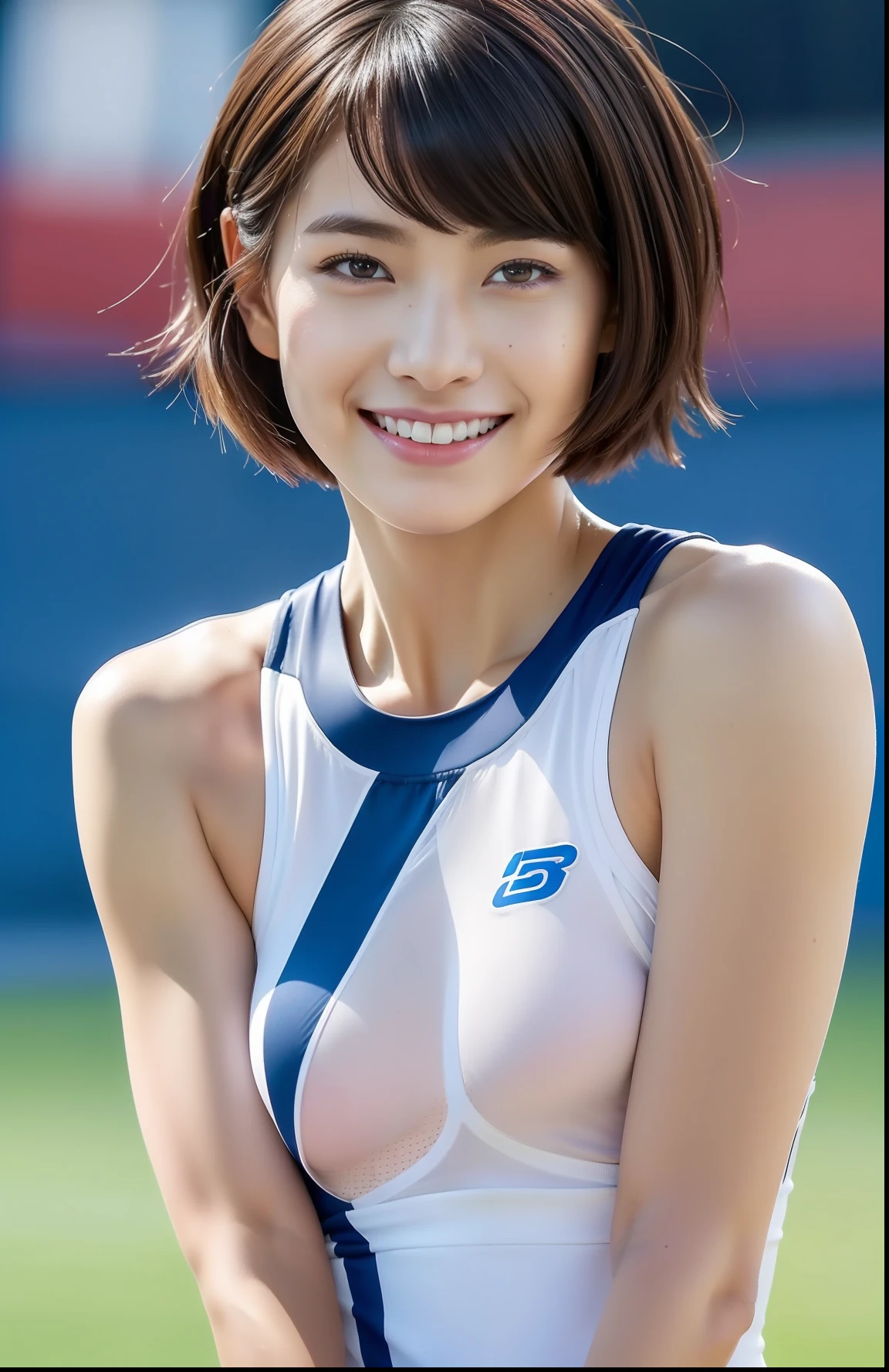 (((full bodyesbian)))、japanese beauty girl、((Short-cut hairstyles))、Perfect style、track and field uniform、beauty legs、kawaii、((Track & Field Athletes Women))、(((1人)))、((stadium))、Transcendent cute、A slight smil、Beautiful breasts、full bodyesbian、athletic field、((Outstanding style))、((Healthy body))、 Photorealsitic、Beautiful detailed eyes、Hyper-Realism、highcontrast、Ultra HD、realistic skin textures、Top image quality、top-quality、超A high resolution、Fine details、Very meticulously