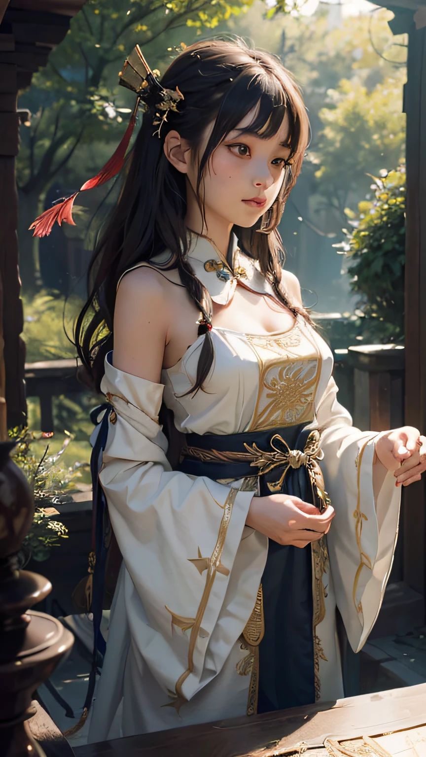(1girl:1.3),solo,__body-parts__,
official art, unity 8k wallpaper, ultra detailed, beautiful and aesthetic, beautiful, masterpiece, best quality,Fantastical Atmosphere, Calming Palette, Tranquil Mood, Soft Shading,
Miko priestess, charm spell, talisman familiar, shrine maiden duties,