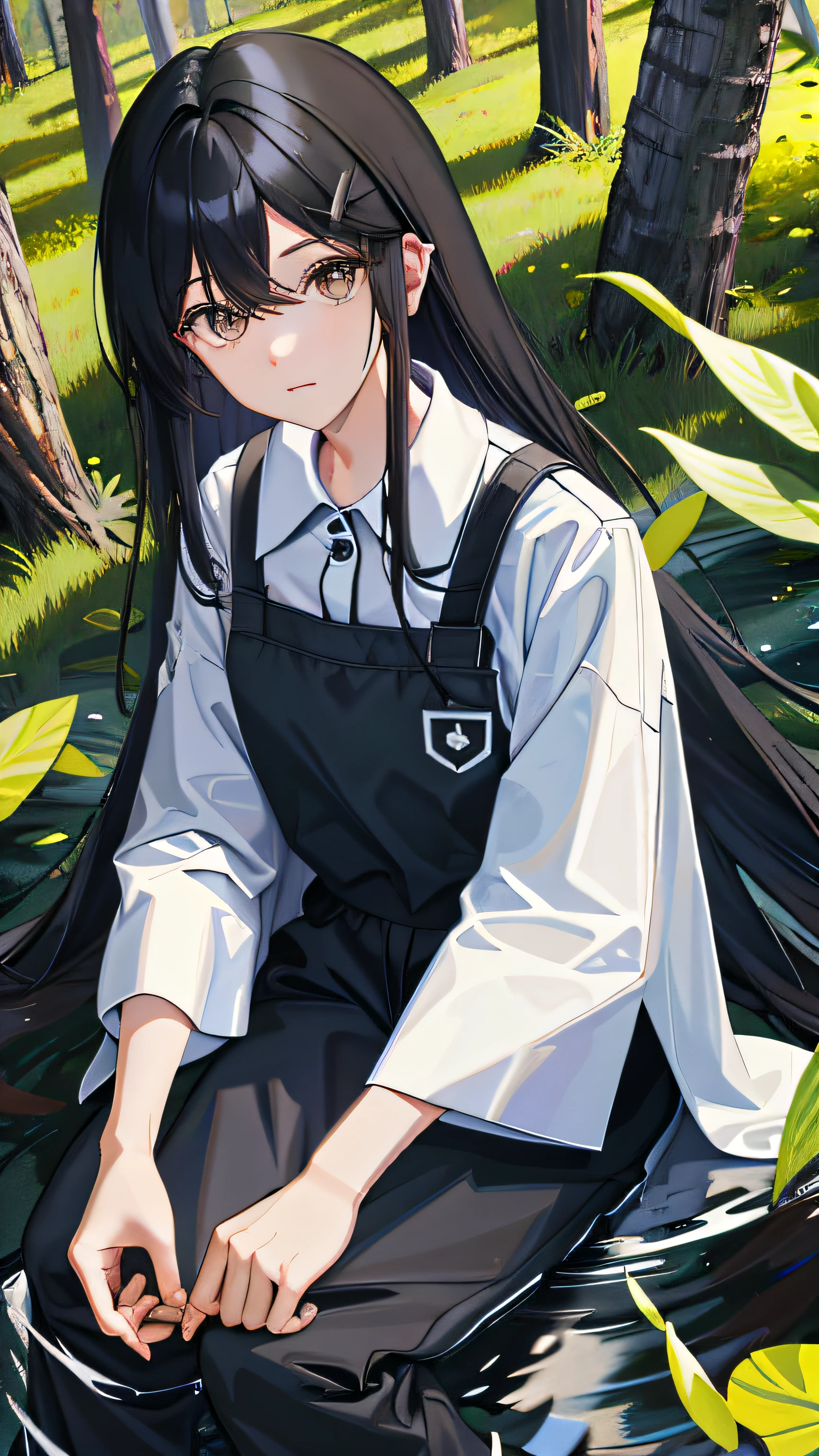 one-girl, Wear short pajamas, black color hair, long whitr hair, with brown eye, White slippers, In the forest, Dense trees, Clear lake, Cover the blue sky, Grass, Beautiful expression, drill hair, hairpin, hairpin, cinematic lighting, chiaroscuro, reflection light, 8k, super detail, high details, high details, best quality