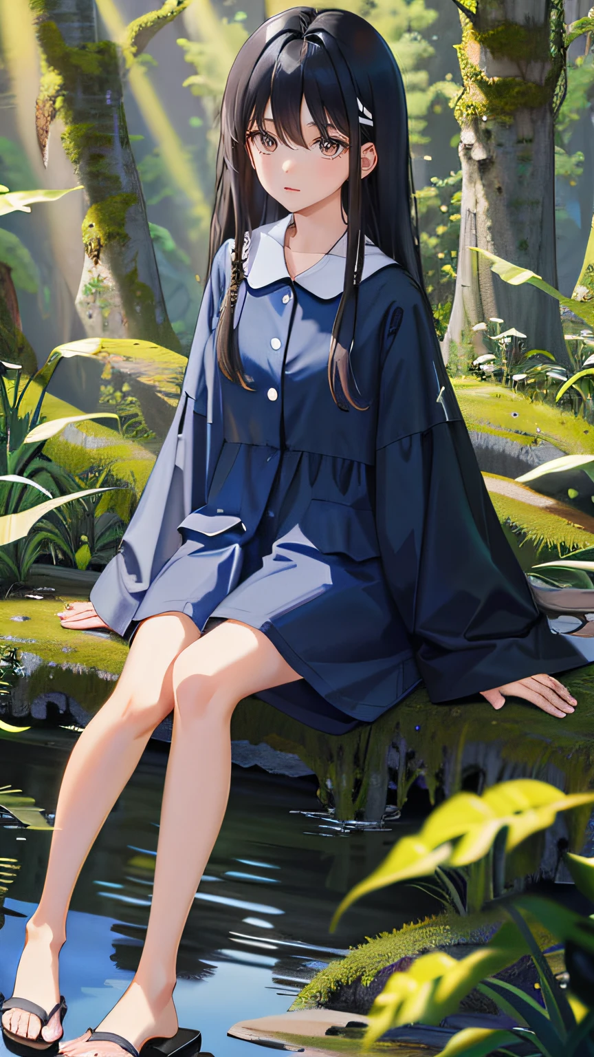one-girl, Wear short pajamas, Black color hair, long whitr hair, with brown eye, White slippers, In the forest, Dense trees, Clear lake, Cover the blue sky, Grass, Beautiful expression, Drill hair, Hairpin, Hairpin, Cinematic lighting, Chiaroscuro, reflective light, 8K, Super detail, High details, High details, Best quality