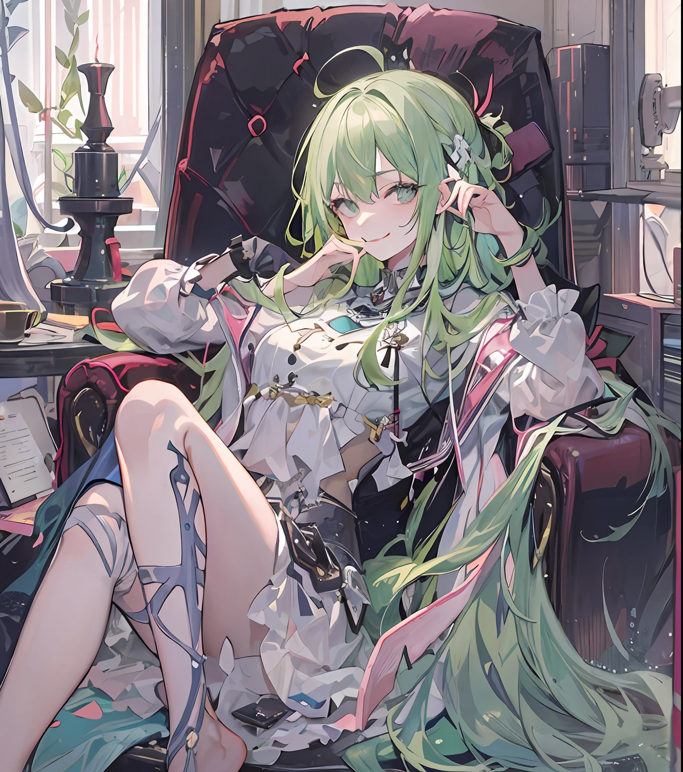 tmasterpiece,Best quality at best,Long pale green hair,Smoky eyes,Smiled maliciously,sit on chair,Technologie,villain,Sick,Maniac,Barefoot