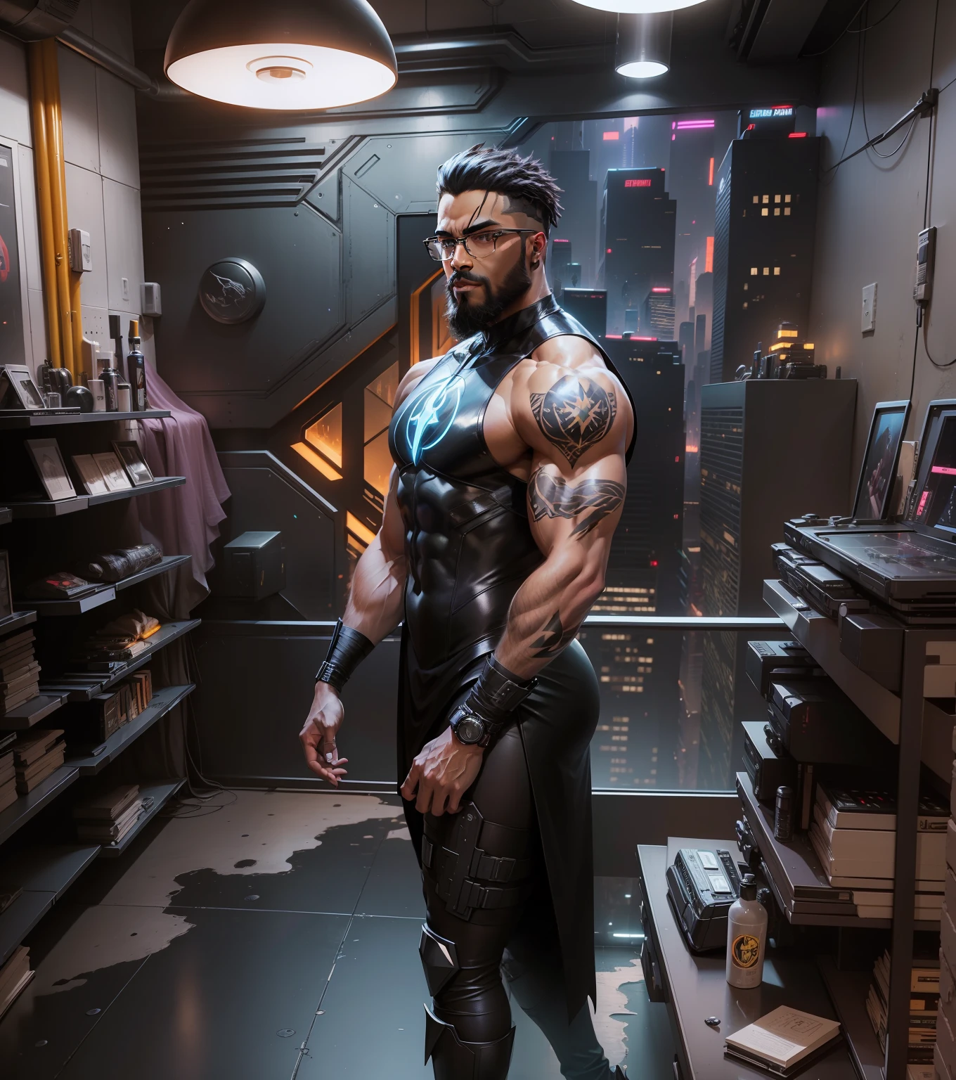 Put on some sleek glasses, a beard and dress up in a black masculine superhero costume, set against a futuristic cyberpunk cityscape.