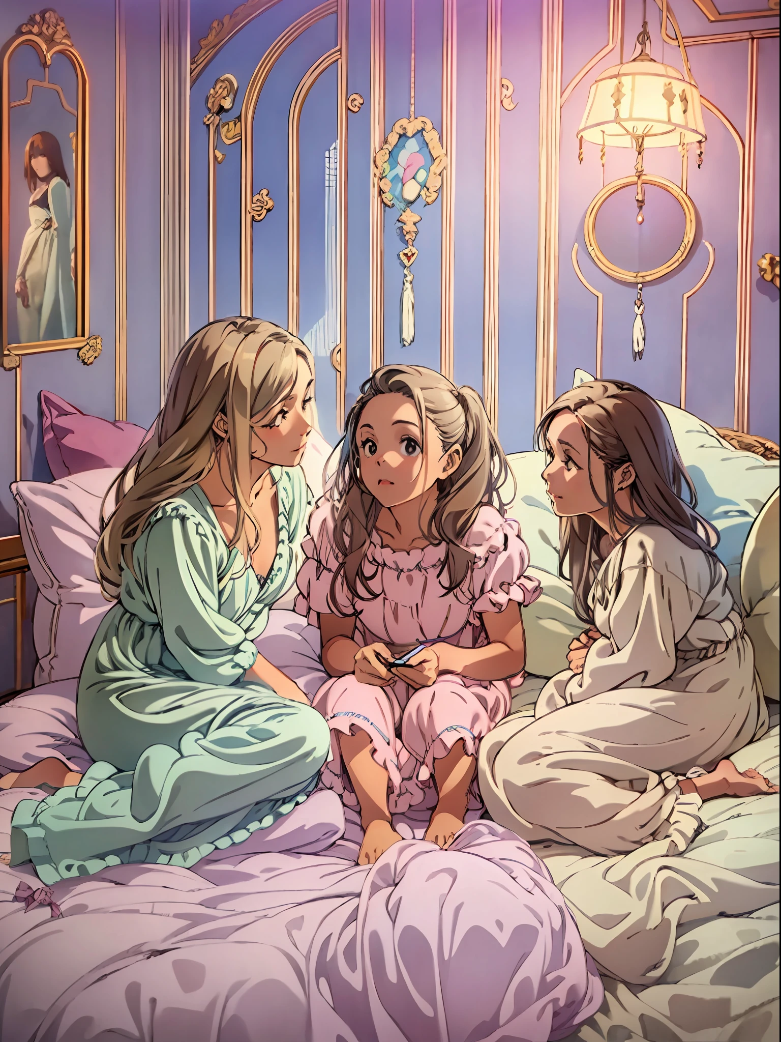 3girls good friends, the girls are wearing angelic pajama dresses. The kids' room is furnished in pastel colors. Whispering on the bed, pop pillows, slumber party, (Best quality), (masterpiece:1.3), (photorealistic:1.36), (realistic), ultra-detailed,