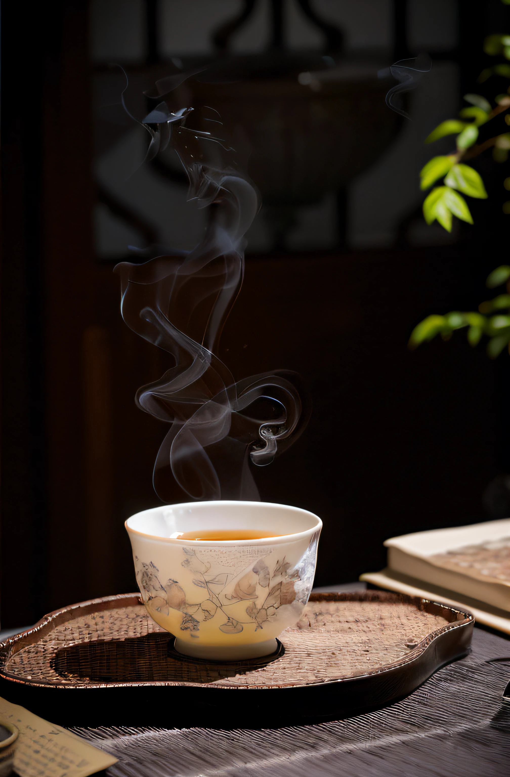 there is a cup of tea and a book on a table, A steaming teacup, Full of steaming tea, Drinking tea, Heat fills the air, gentle smoke effect, tea ceremony scene, drinking tea, inspired by Cao Buxing, Photo taken with Nikon D750, teacup