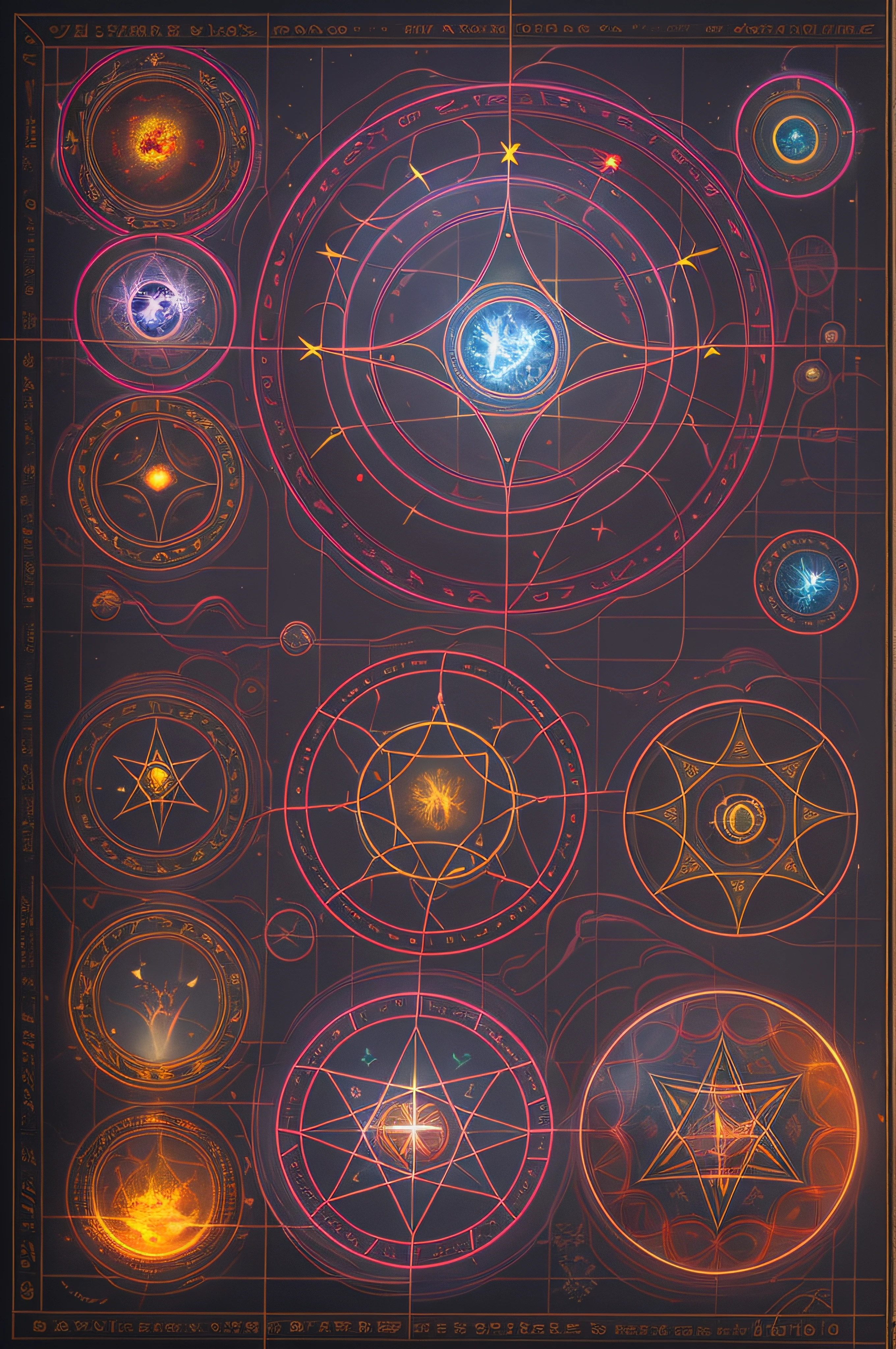 concept, Rune_Magic, Magic, magic circles, magic circles with glowing light, simetria, cículos, bonito e intricado, luzes coloridas, estrela de cinco pontas, tela 2d, classic paint, graph design