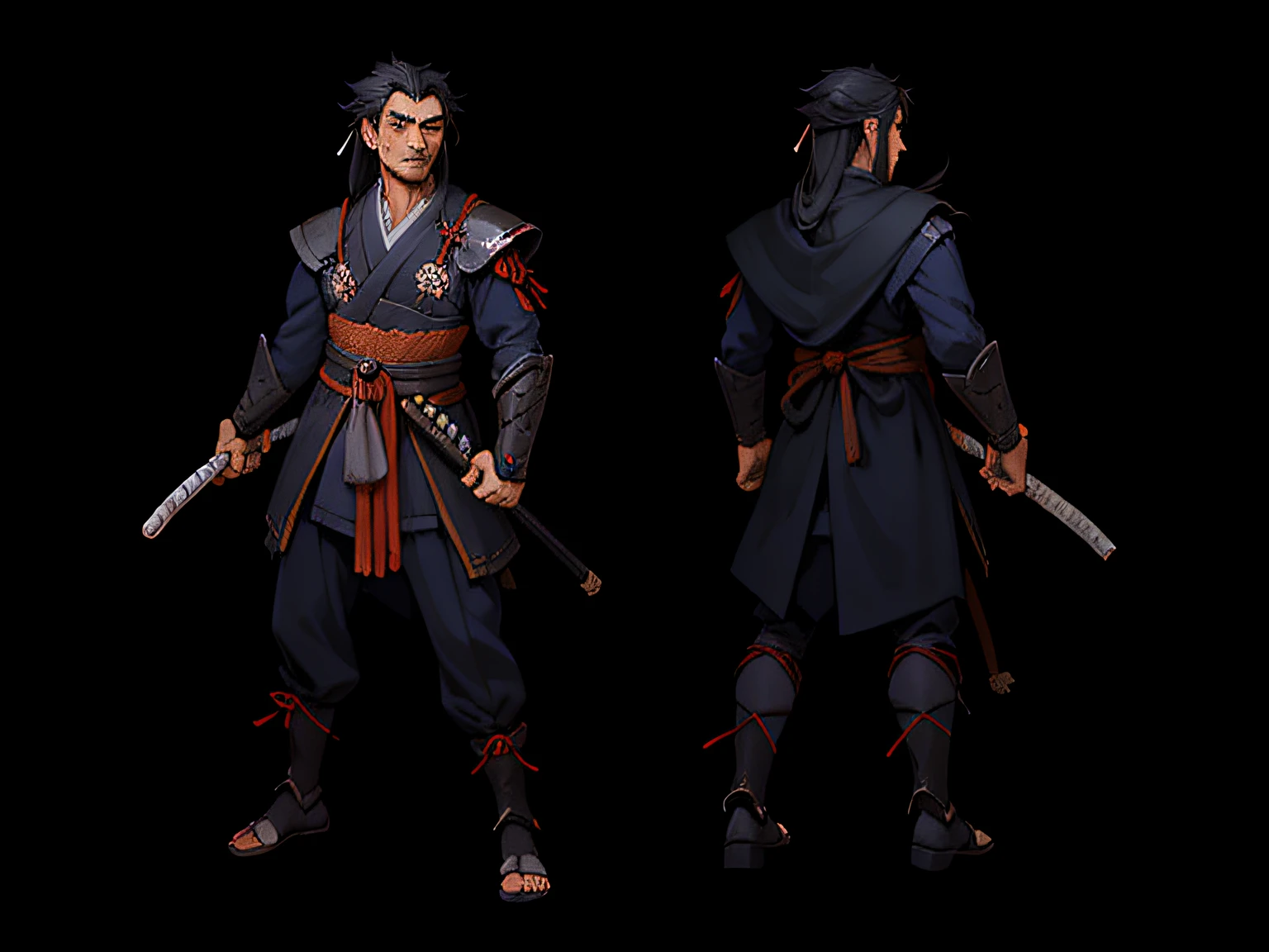 The character is a young ronin samurai of approximately 23 years old. Seus cabelos pretos fluem elegantemente, framing his face with an air of determination. The right arm is demonic, irradiando uma cor vermelha intensa e ostentando garras afiadas que lembram as de um predador feroz.

Inspirado por Musashi Miyamoto de Vagabond, The samurai emanates a palpable aura of determination and fearlessness, destacando-se entre seus pares. The drawing style is expertly executed, following the influence of Boichi's iconic trait. Meticulous details harmoniously combine with flowing lines to create a stunning visual representation.

Expertly applied shadows enhance each contour and accentuate the character's imposing appearance, adding depth and mystery to his presence. The character design sheet gives you a complete picture, presenting it in full body in three distinct perspectives (frontal, lateral e traseira), allowing viewers to fully appreciate every angle and detail of this remarkable samurai ronin.