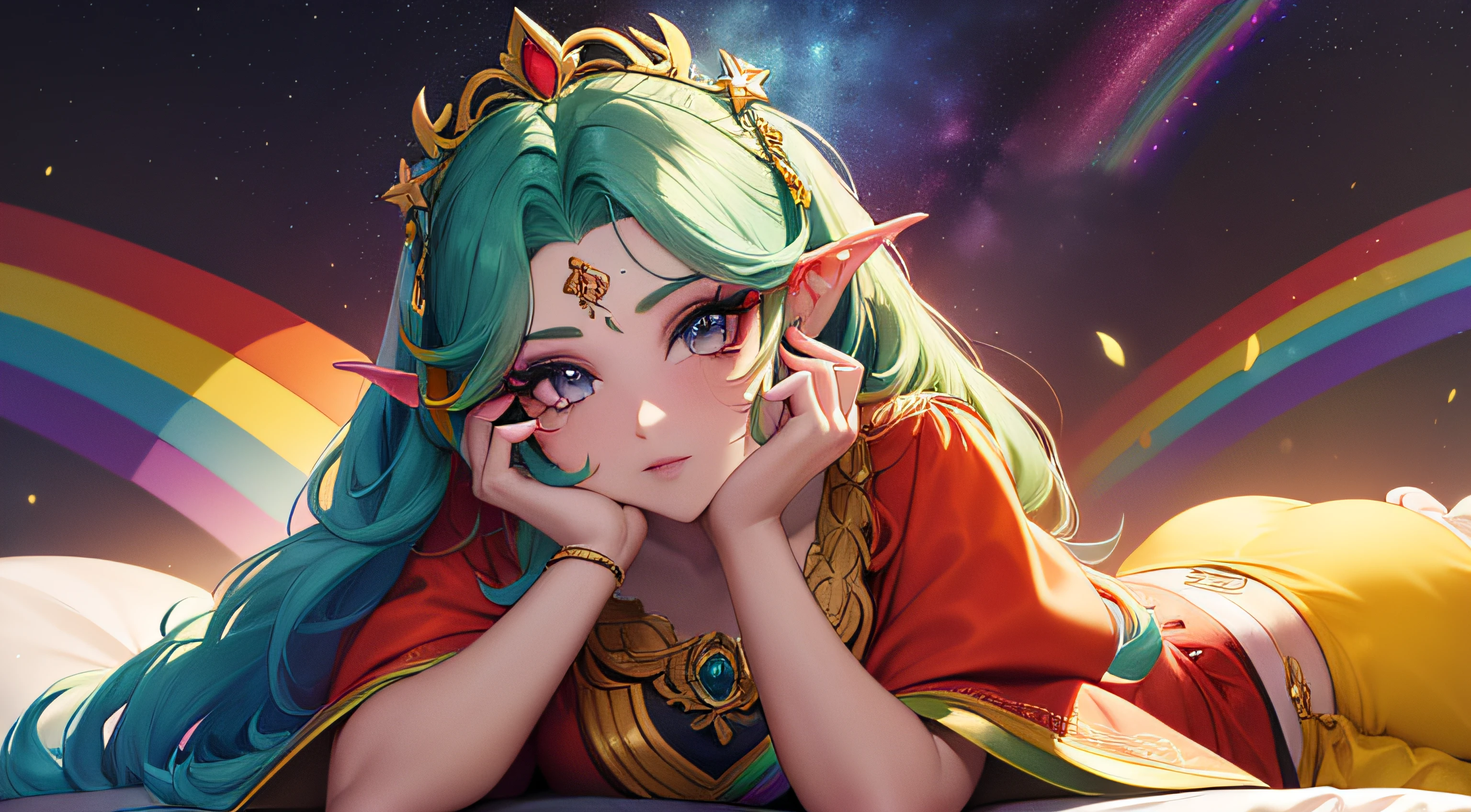 (Onze), (rainbow hair), (A beautiful girl lying on top of her arm, Stretched out on the floor), ((roupas vermelhas)), (vestimenta vermelha), (com estrelas ao redor da garota) (rosto ultra detalhado), (((rainbow hair))), (((rainbow hair))), (((rainbow hair))), (olhos detalhados), (pupila amarela), ((olhos amarelos)), (((large eyelashes))), ((Tira Reta)), ((Tira Reta)), ((Tira Reta)), ((rainbow colored hair)), ((Nosso)), corpo de mulher madura, (seios grandes), (quadril largo), mulher adulta, ((ornamento no cabelo), exibindo figura delicada e curvas graciosas, Ethereal, celestial, galaxy, estrelas, cosmic enlightenment, fotografia de estilo sonhador, super detalhado, ((roupas vermelhas)), (vestimenta vermelha),
