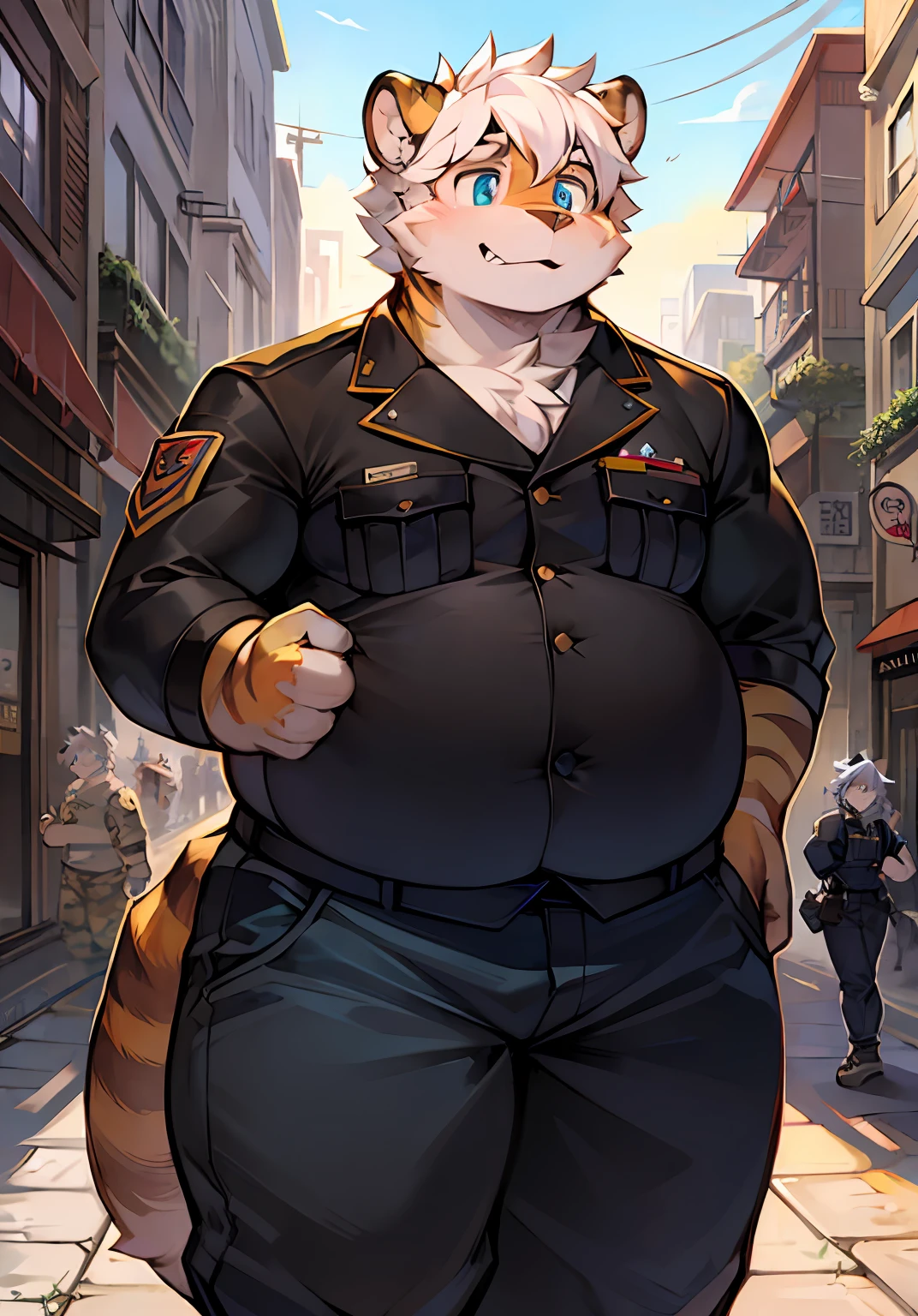 shaggy，furred，bodyfur，城市，the street，独奏，short- sleeved，BREAK BREAK BREAK，AOEU，AOEU，Fat Tiger Boy，Army combat uniform，long trousers，adolable，Shota，Tall guy，eBlue eyes，White hair，shaggy，Obesity，huge belly，Big，Very tall and fat