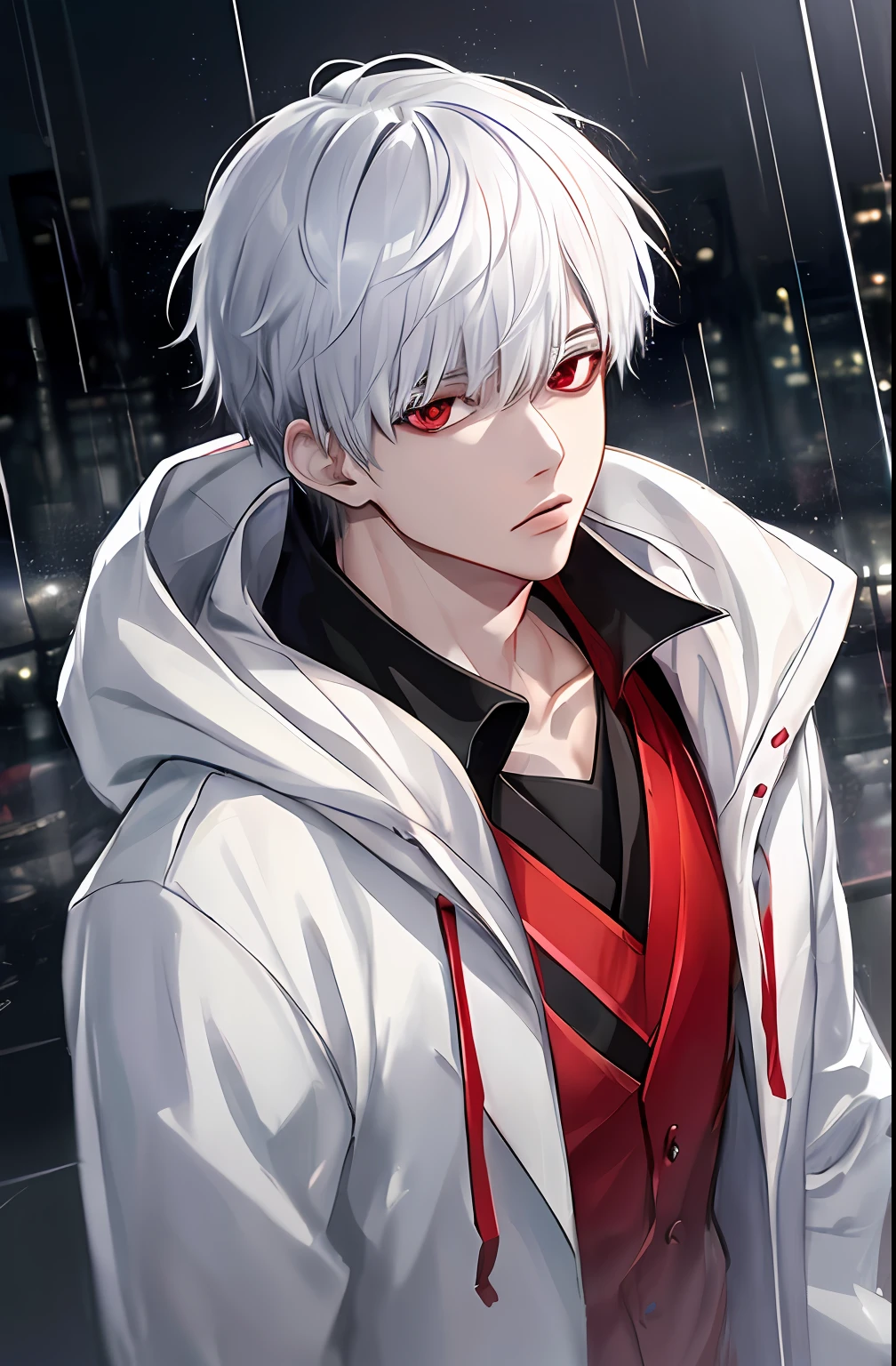 kk, best quality, more details, masterpiece, 1boy, kaneki ken, portrait, male focus, red eyes, solo, bangs, looking at viewer, hood, short hair, rain, tokyo tokyo \(city\), hood up, nail polish, white hair, luxurious, 8k, detailed, ray tracing, depth of field, cinematic lighting,