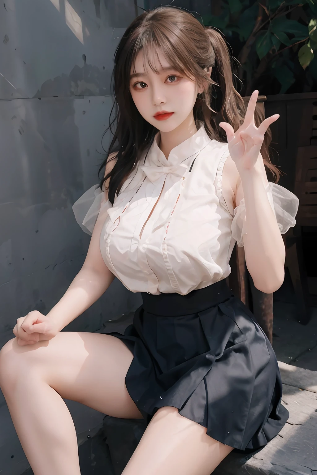 tmasterpiece:1.2,best qualtiy),hentail realism,(Real pictures,rich detail details,depth of fields),(1个Giant Breast Girl,独奏),putting makeup on,high detal,Perfect face shape,(:1.4),(dent in the skin),Thigh thick,Wide hips,Thin waist,highr,coral,Redlip,red eyes,pony tails(Kizi,Shallow tulle,Tulle transparent),(sweat leggs:1.2),(dampness),Raised sexy,Be red in the face,(shyexpression), vests,Harnes,belly-bar,shorter pants,Yoga pants for,Tight skirt,skin-tight short-pants,stocklings,fishnet stockings,pyjamas,pleatedskirt,Skirt,Skirt that wraps hips,There are flowers on the clothes,The wind blows the skirt,Place your hands between your legs and do the gesture of pressing your skirt with your hands,