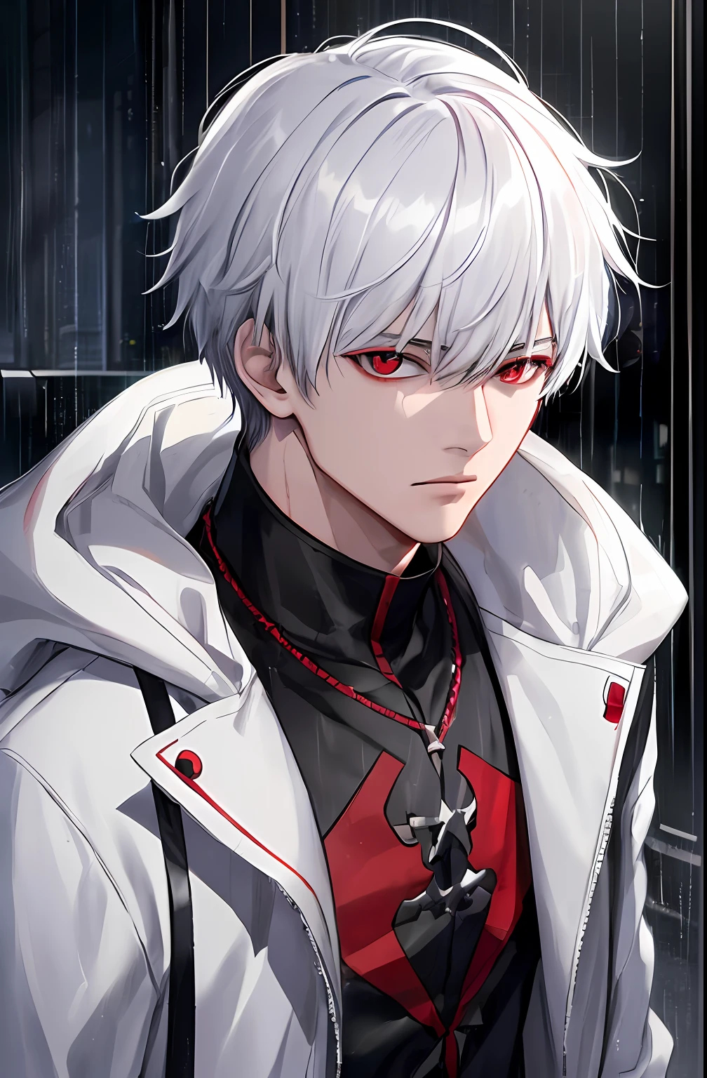 kk, best quality, more details, masterpiece, 1boy, kaneki ken, portrait, male focus, red eyes, solo, bangs, looking at viewer, hood, short hair, rain, tokyo tokyo \(city\),  hood up, nail polish, white hair, luxurious, 8k, detailed, ray tracing, depth of field, cinematic lighting,