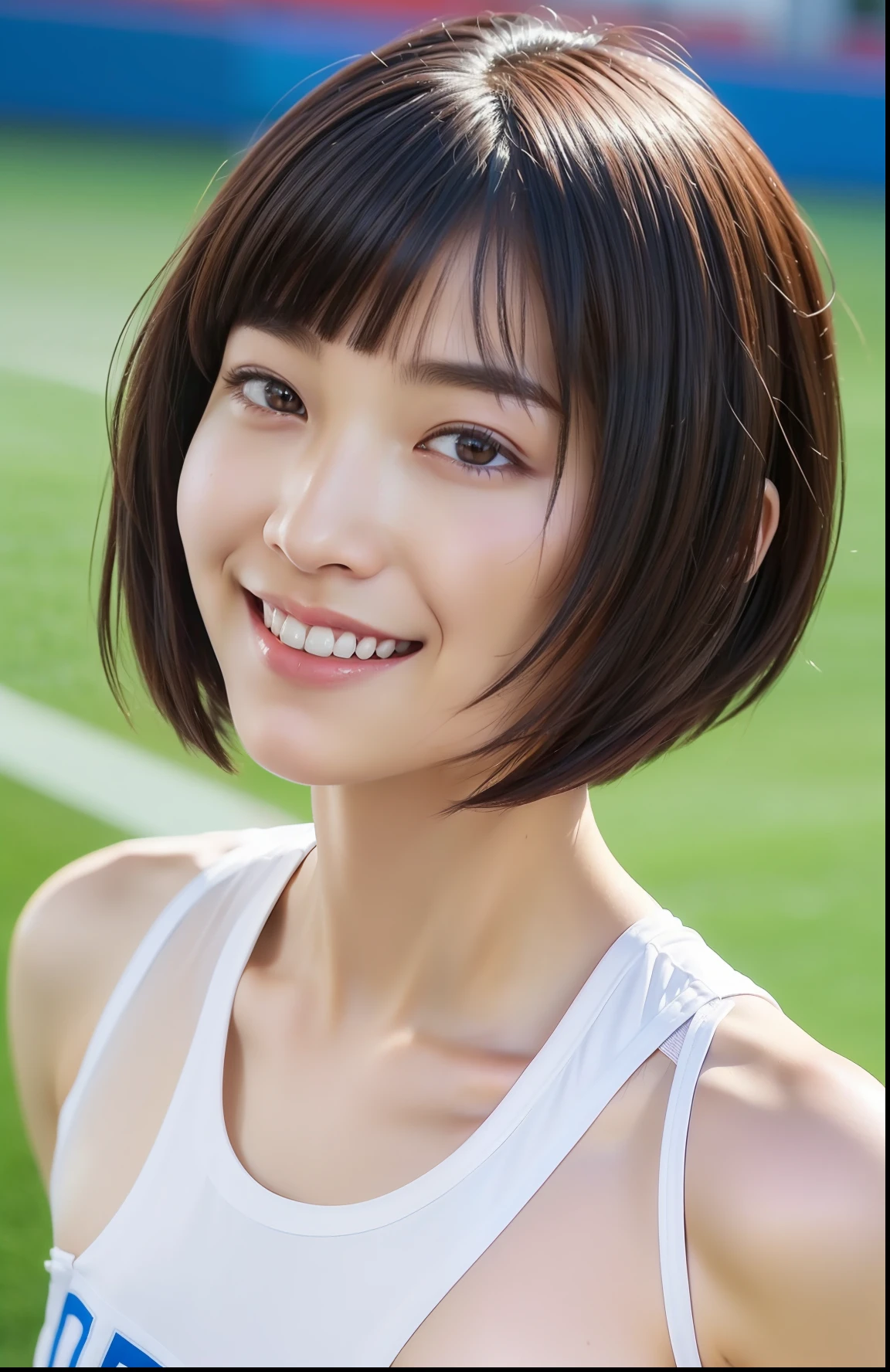 (((full bodyesbian)))、japanese beauty girl、((Short-cut hairstyles))、Perfect style、track and field uniform、beauty legs、kawaii、((Track & Field Athletes Women))、(((1人)))、((stadium))、Transcendent cute、A slight smil、Beautiful breasts、full bodyesbian、athletic field、((Outstanding style))、((Healthy body))、 Photorealsitic、Beautiful detailed eyes、Hyper-Realism、highcontrast、Ultra HD、realistic skin textures、Top image quality、top-quality、超A high resolution、Fine details、Very meticulously