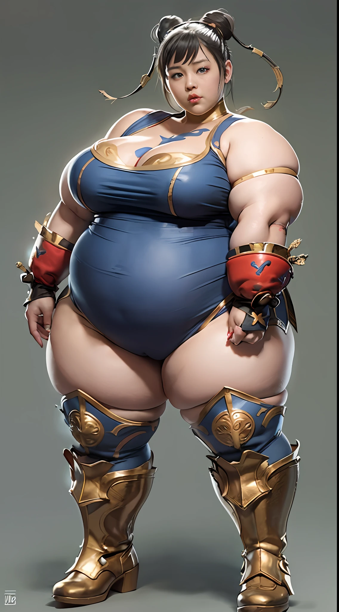 Chun Li who has quit fighting and indulged in eating and specially fastfood for years, 170 cm, too extremely super obese, obese bottomed, with a thin torso, with small boobs, with slim cheeks, with Chun-Li's face, with Chun-Li's SF6 costume