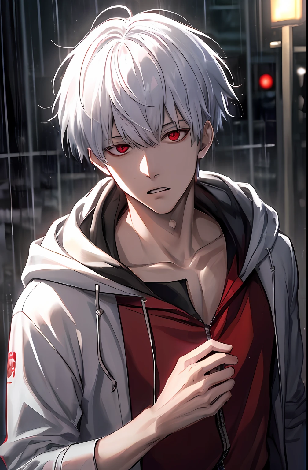 kk, best quality, more details, masterpiece, 1boy, kaneki ken, portrait, male focus, red eyes, solo, bangs, looking at viewer, hood, short hair, rain, tokyo tokyo \(city\),  hood up, nail polish, white hair, luxurious, 8k, detailed, ray tracing, depth of field, cinematic lighting,