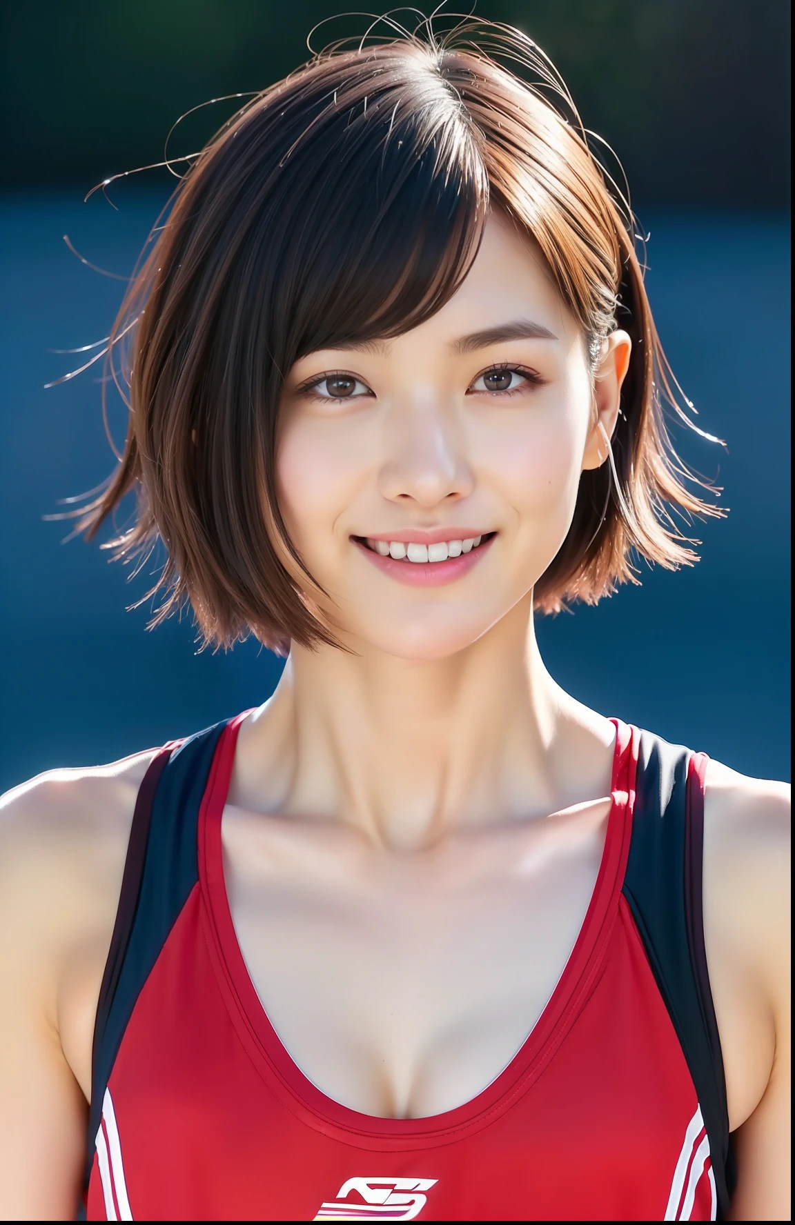 (((full bodyesbian)))、japanese beauty girl、((Short-cut hairstyles))、Perfect style、track and field uniform、beauty legs、kawaii、((Track & Field Athletes Women))、(((1人)))、((stadium))、Transcendent cute、A slight smil、Beautiful breasts、full bodyesbian、athletic field、((Outstanding style))、((Healthy body))、 Photorealsitic、Beautiful detailed eyes、Hyper-Realism、highcontrast、Ultra HD、realistic skin textures、Top image quality、top-quality、超A high resolution、Fine details、Very meticulously